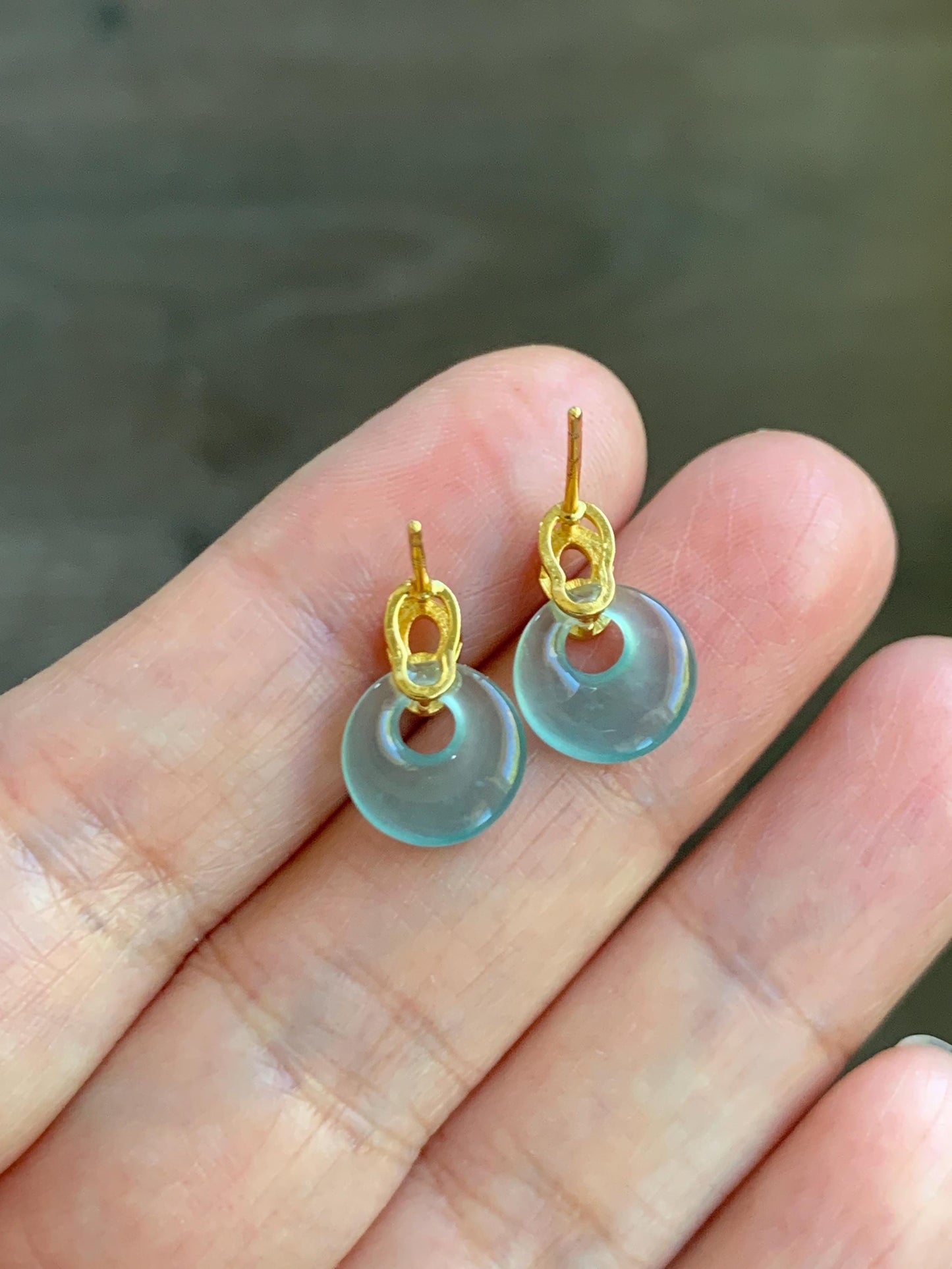 Natural Grade A Guatemalan Icy Highly Translucent Pastel Blue Jade Jadeite Princess Donut Stud Earrings Sterling Silver 天然冰危淡蓝翡翠公主扣耳钉WGZ66J