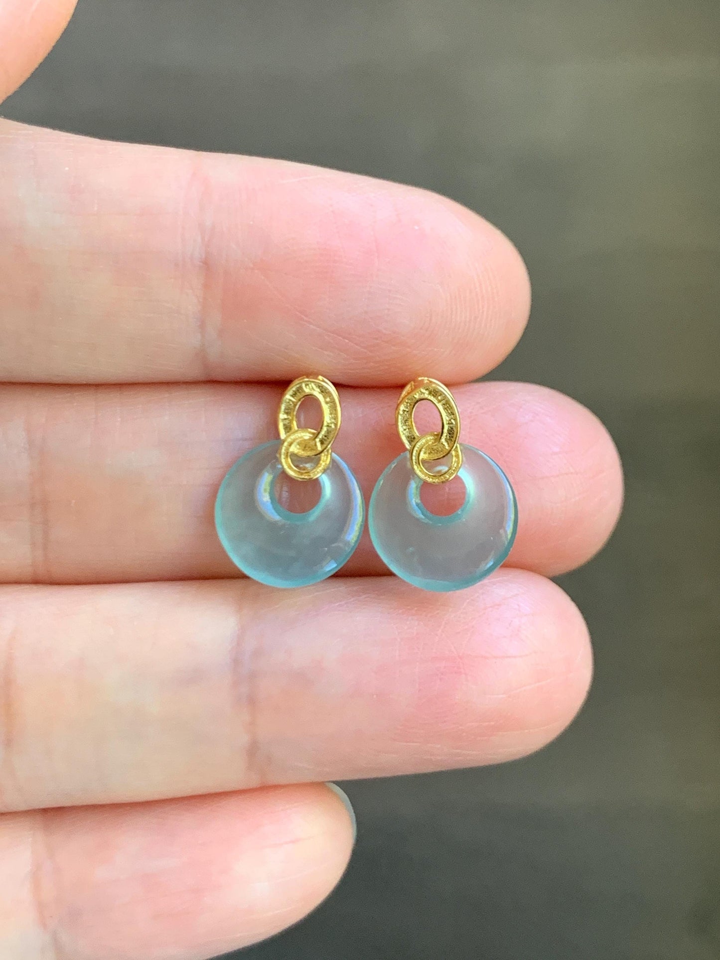 Natural Grade A Guatemalan Icy Highly Translucent Pastel Blue Jade Jadeite Princess Donut Stud Earrings Sterling Silver 天然冰危淡蓝翡翠公主扣耳钉WGZ66J