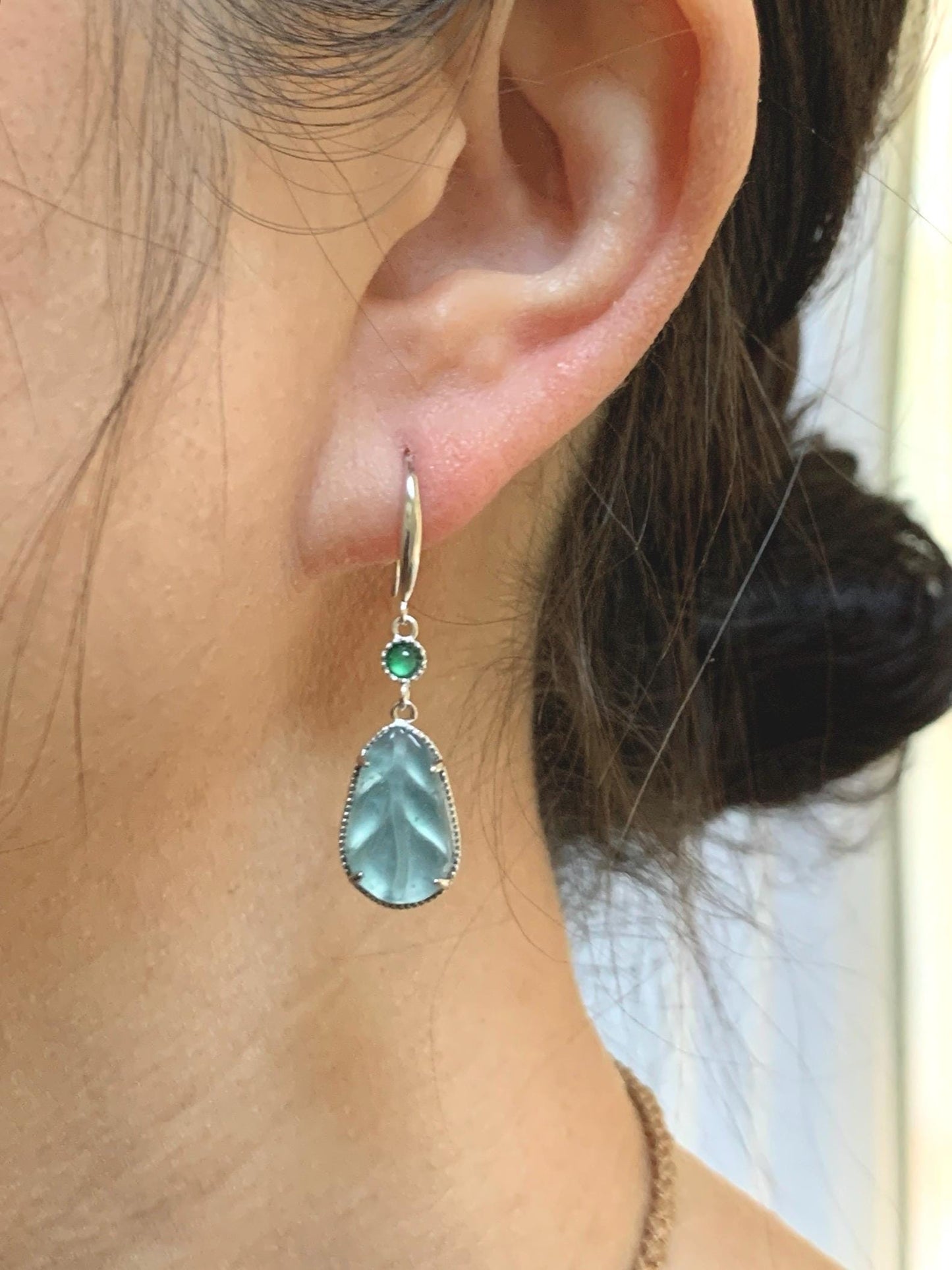 Natural Guatemalan Grade A Icy Highly Translucent Pastel Blue Jade Jadeite Leaf Dangle Earrings Sterling Silver 天然高冰危浅蓝翡翠叶子银耳钩 XYD240E