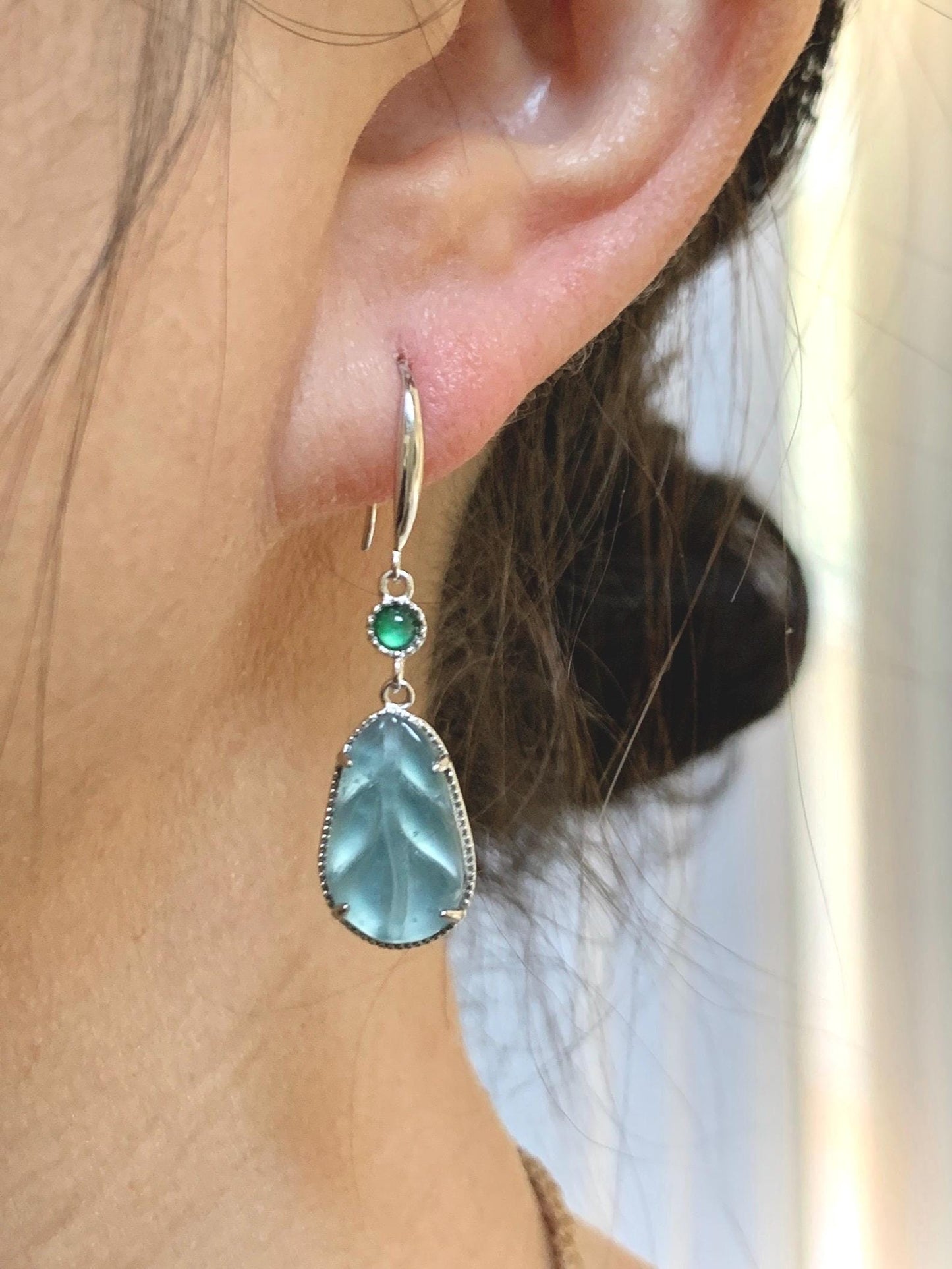 Natural Guatemalan Grade A Icy Highly Translucent Pastel Blue Jade Jadeite Leaf Dangle Earrings Sterling Silver 天然高冰危浅蓝翡翠叶子银耳钩 XYD240E