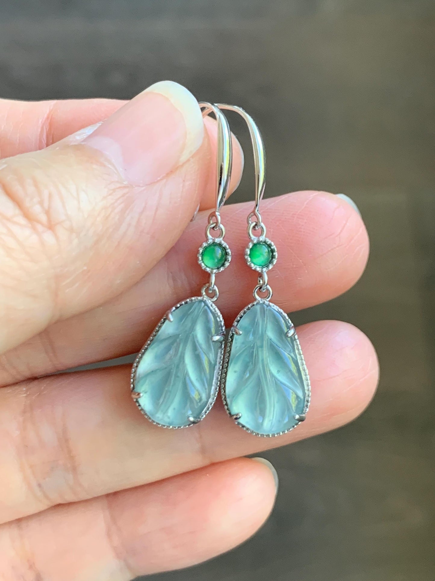 Natural Guatemalan Grade A Icy Highly Translucent Pastel Blue Jade Jadeite Leaf Dangle Earrings Sterling Silver 天然高冰危浅蓝翡翠叶子银耳钩 XYD240E