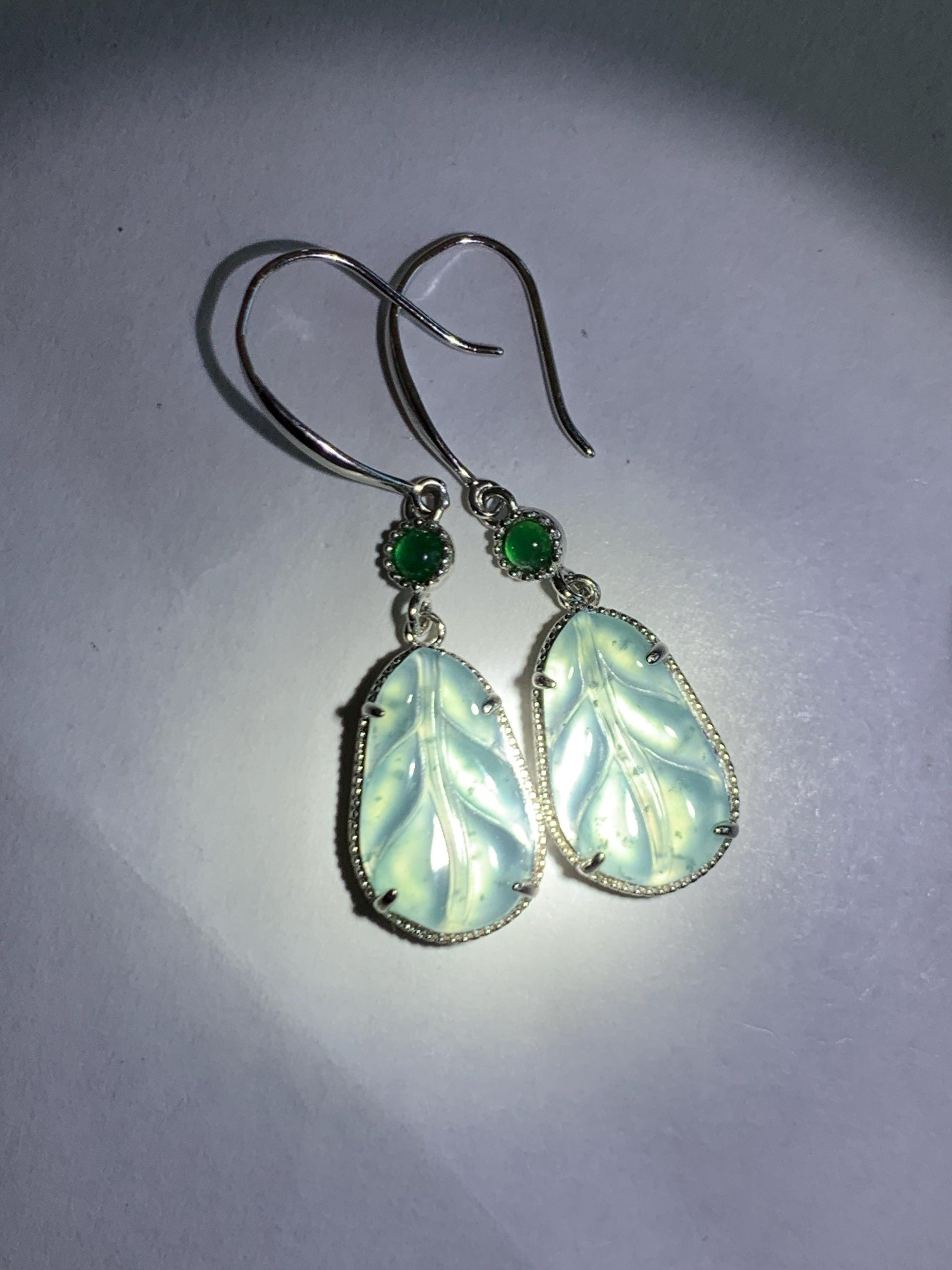 Natural Guatemalan Grade A Icy Highly Translucent Pastel Blue Jade Jadeite Leaf Dangle Earrings Sterling Silver 天然高冰危浅蓝翡翠叶子银耳钩 XYD240E