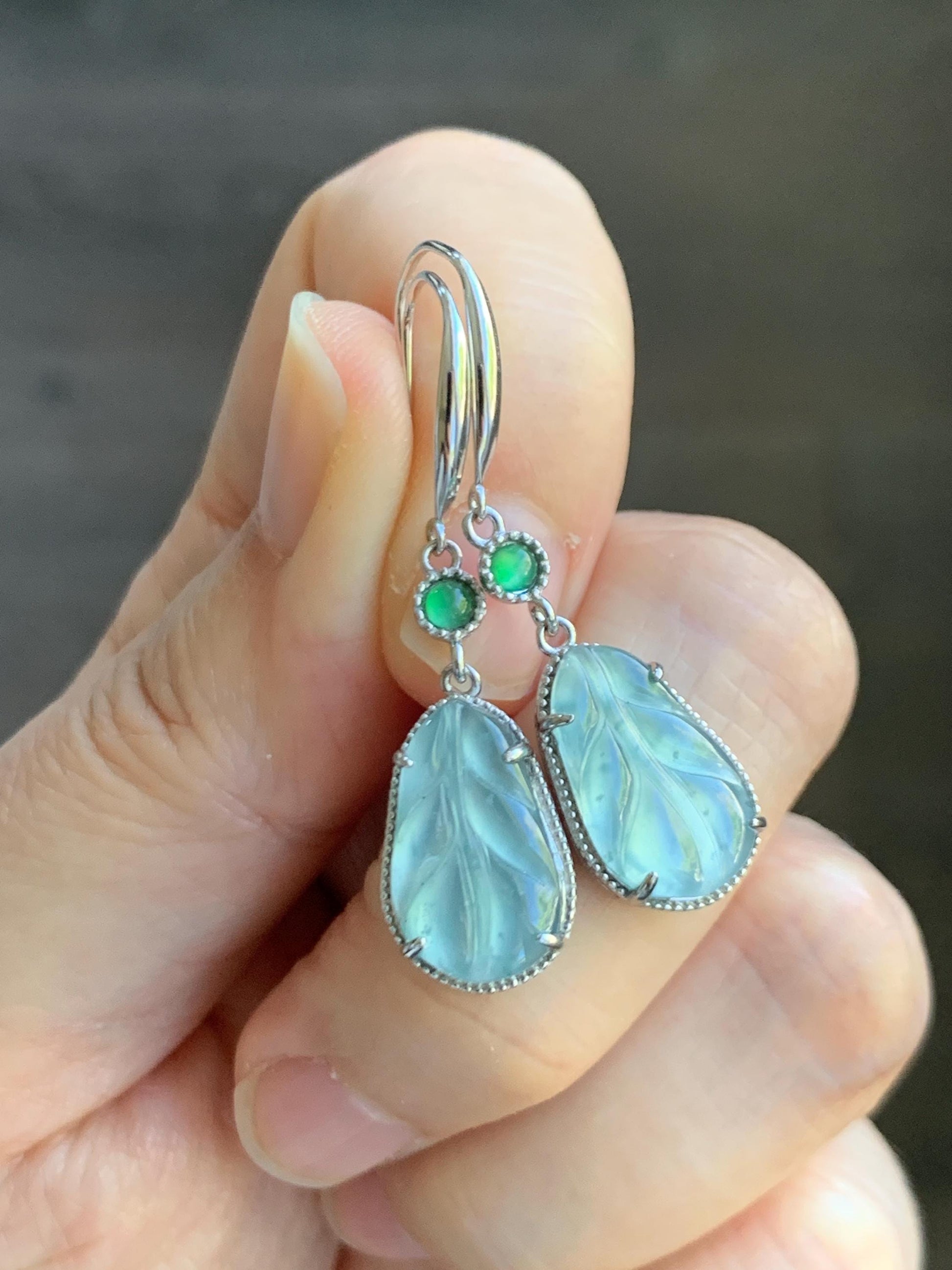 Natural Guatemalan Grade A Icy Highly Translucent Pastel Blue Jade Jadeite Leaf Dangle Earrings Sterling Silver 天然高冰危浅蓝翡翠叶子银耳钩 XYD240E