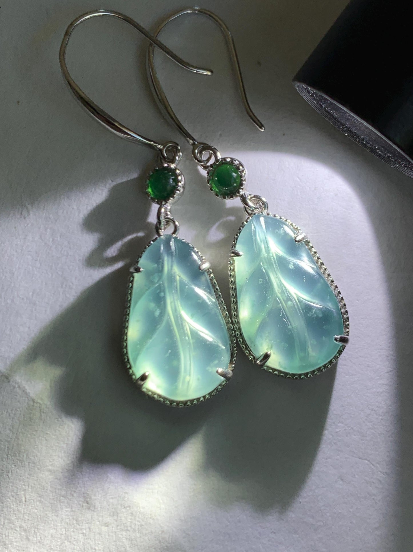 Natural Guatemalan Grade A Icy Highly Translucent Pastel Blue Jade Jadeite Leaf Dangle Earrings Sterling Silver 天然高冰危浅蓝翡翠叶子银耳钩 XYD240E
