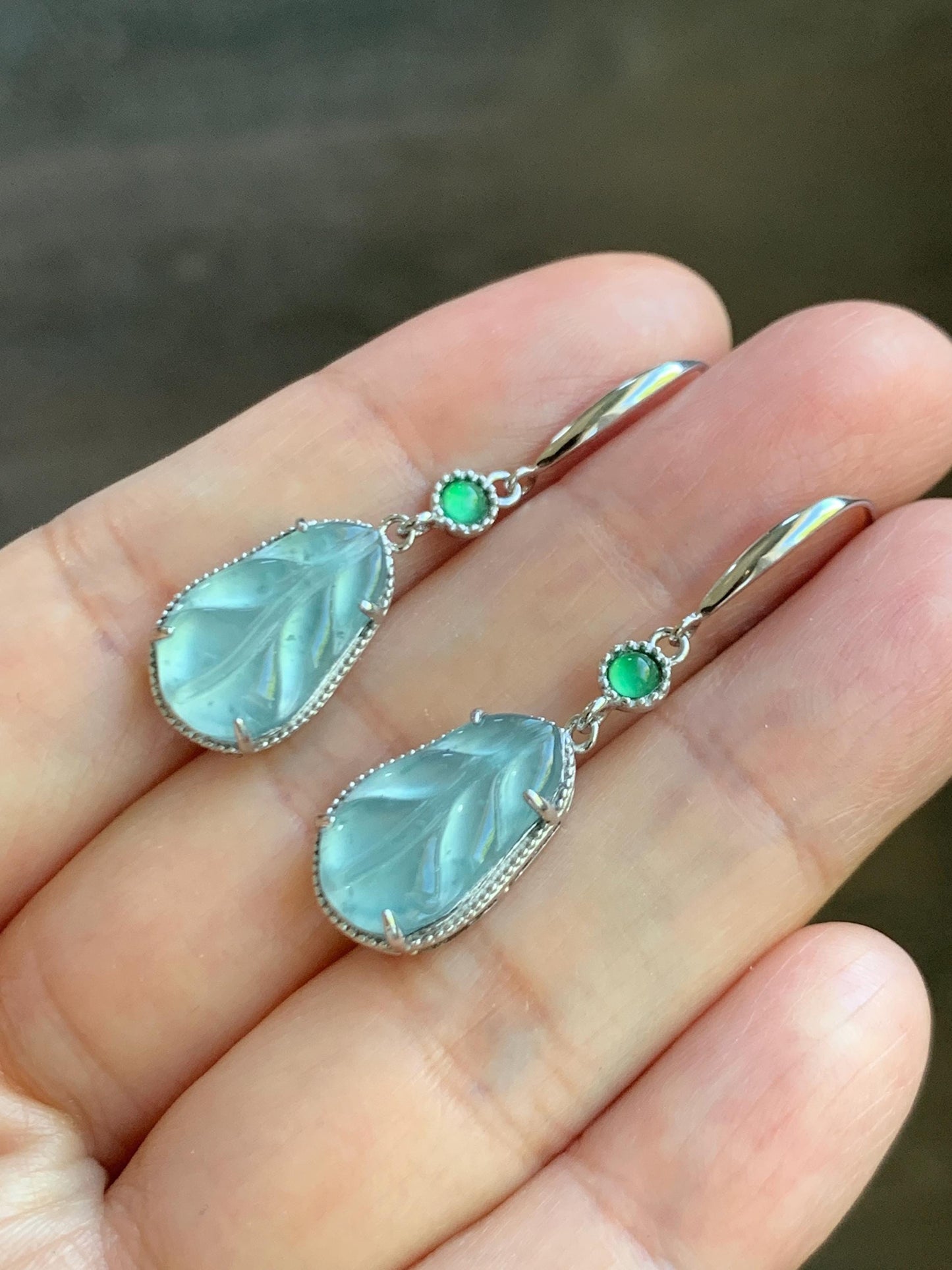 Natural Guatemalan Grade A Icy Highly Translucent Pastel Blue Jade Jadeite Leaf Dangle Earrings Sterling Silver 天然高冰危浅蓝翡翠叶子银耳钩 XYD240E