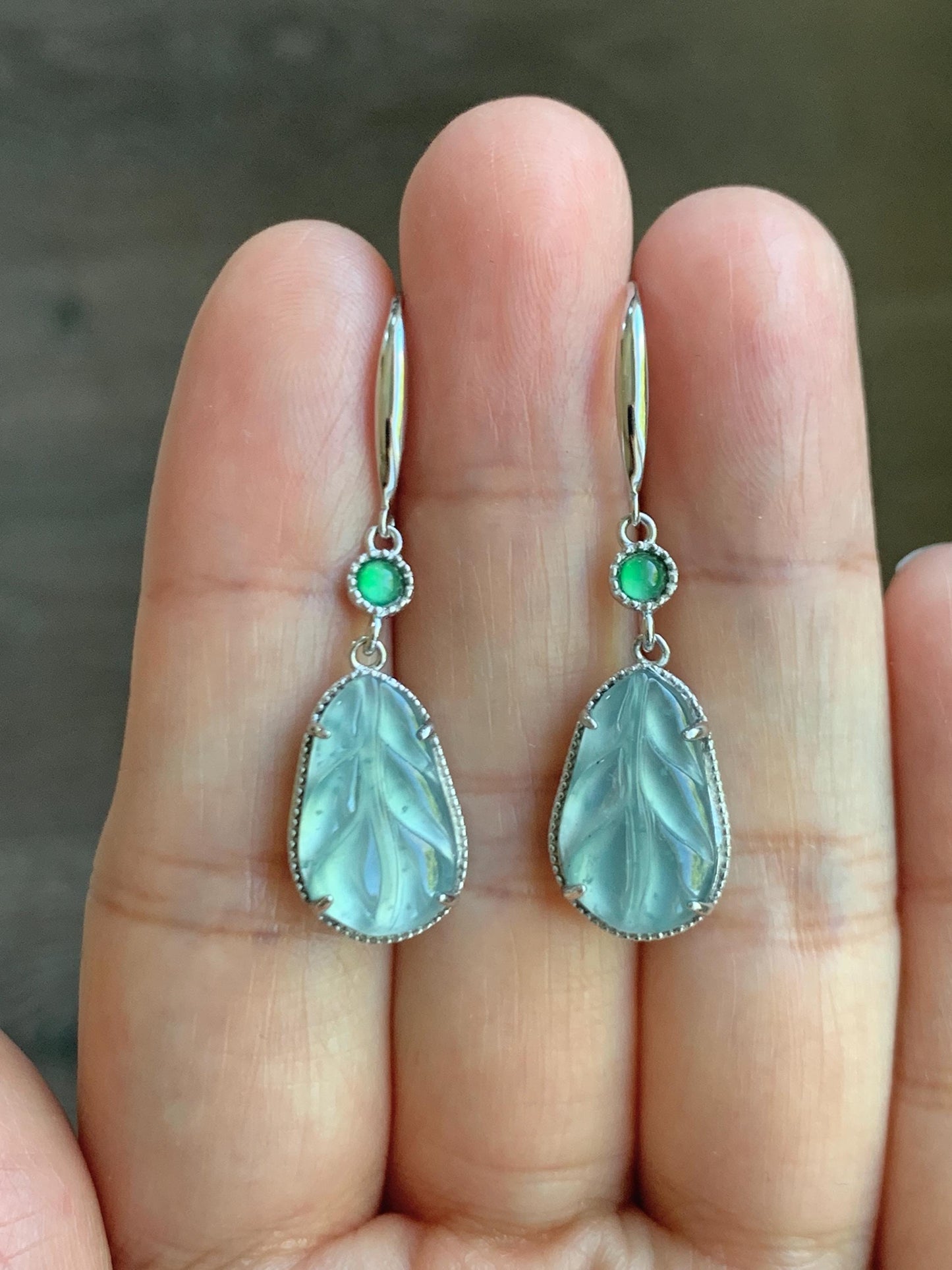 Natural Guatemalan Grade A Icy Highly Translucent Pastel Blue Jade Jadeite Leaf Dangle Earrings Sterling Silver 天然高冰危浅蓝翡翠叶子银耳钩 XYD240E