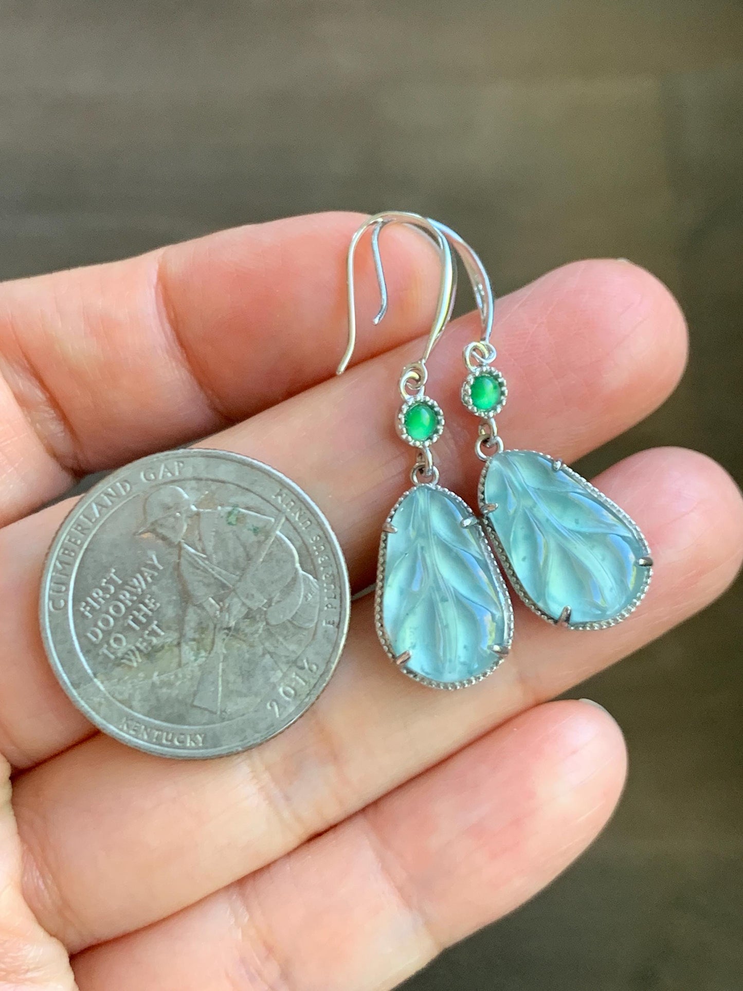 Natural Guatemalan Grade A Icy Highly Translucent Pastel Blue Jade Jadeite Leaf Dangle Earrings Sterling Silver 天然高冰危浅蓝翡翠叶子银耳钩 XYD240E