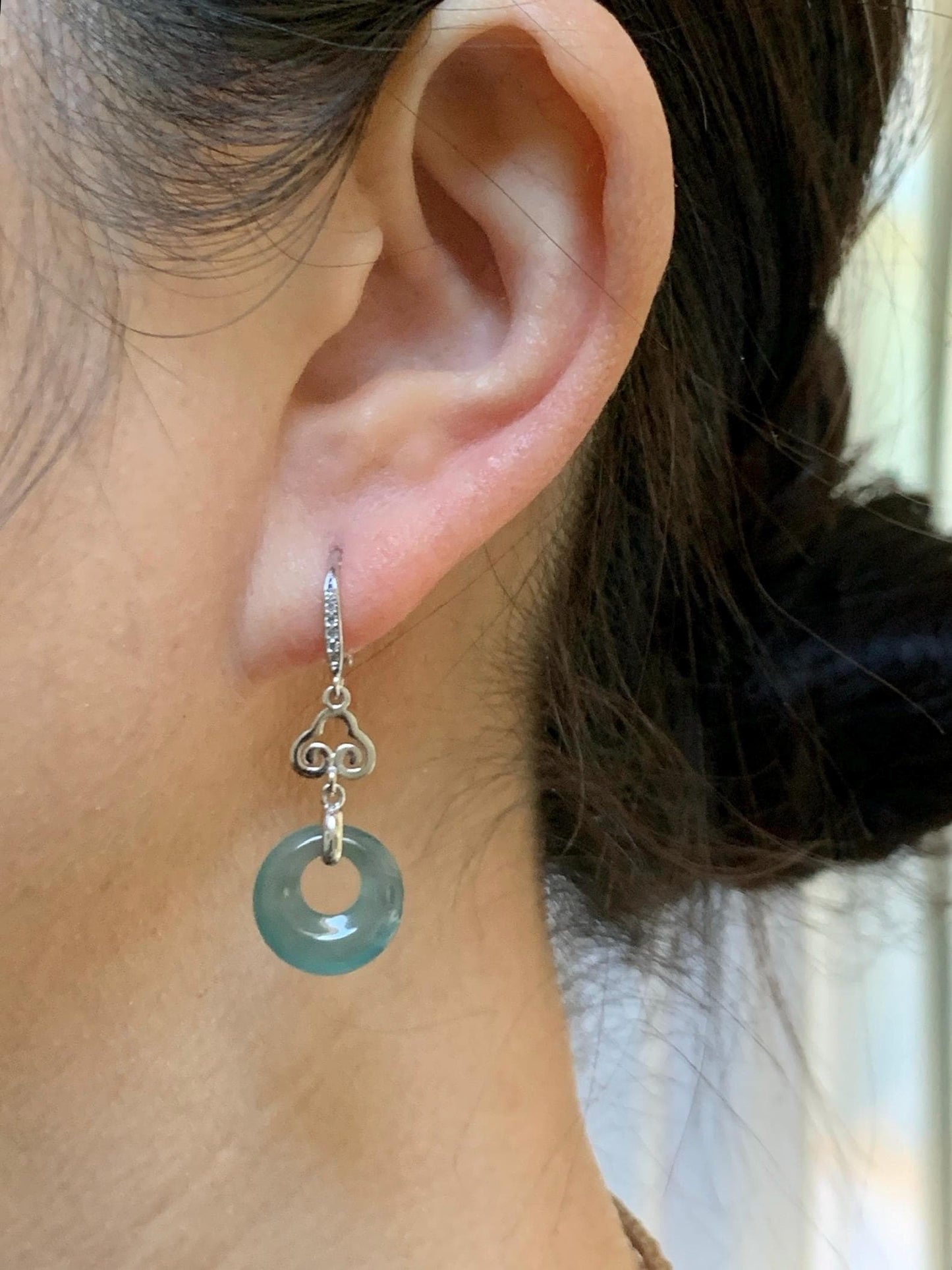 Natural Grade A Guatemalan Icy Highly Translucent Teal Blue Jade Jadeite Princess Donut Dangle Earrings Sterling Silver 天然冰危蓝绿翡翠公主扣耳钩 WGZ110