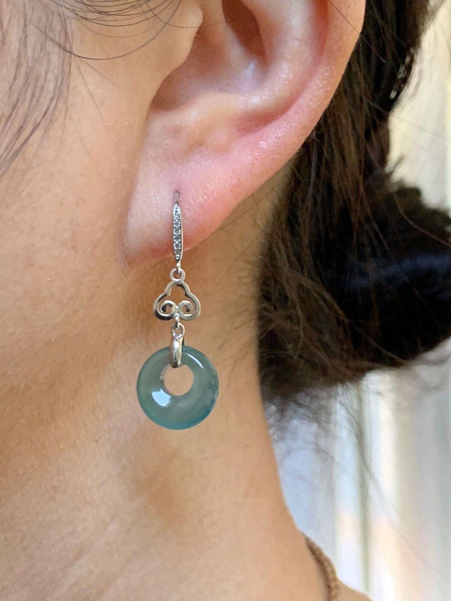 Natural Grade A Guatemalan Icy Highly Translucent Teal Blue Jade Jadeite Princess Donut Dangle Earrings Sterling Silver 天然冰危蓝绿翡翠公主扣耳钩 WGZ110