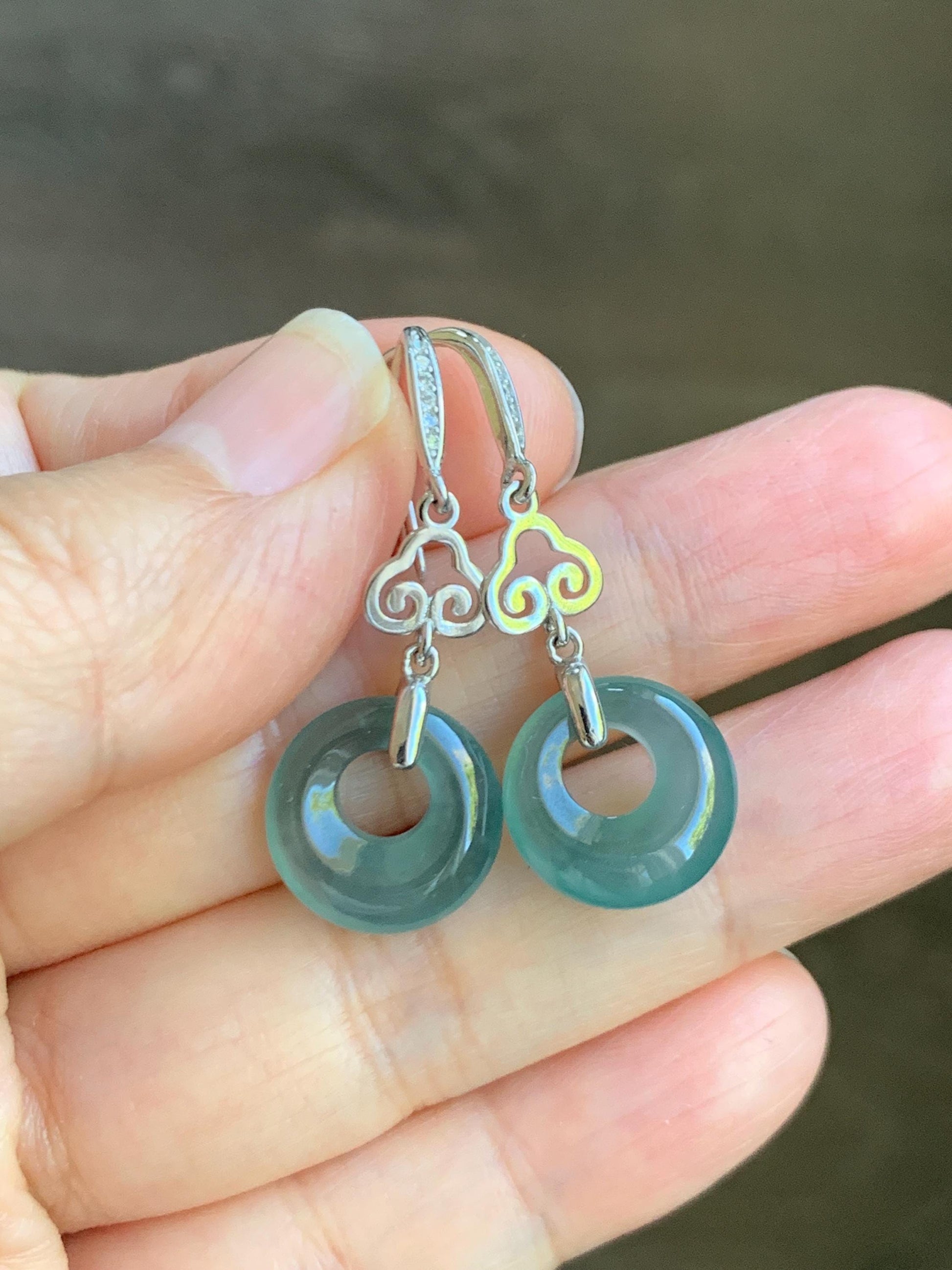 Natural Grade A Guatemalan Icy Highly Translucent Teal Blue Jade Jadeite Princess Donut Dangle Earrings Sterling Silver 天然冰危蓝绿翡翠公主扣耳钩 WGZ110