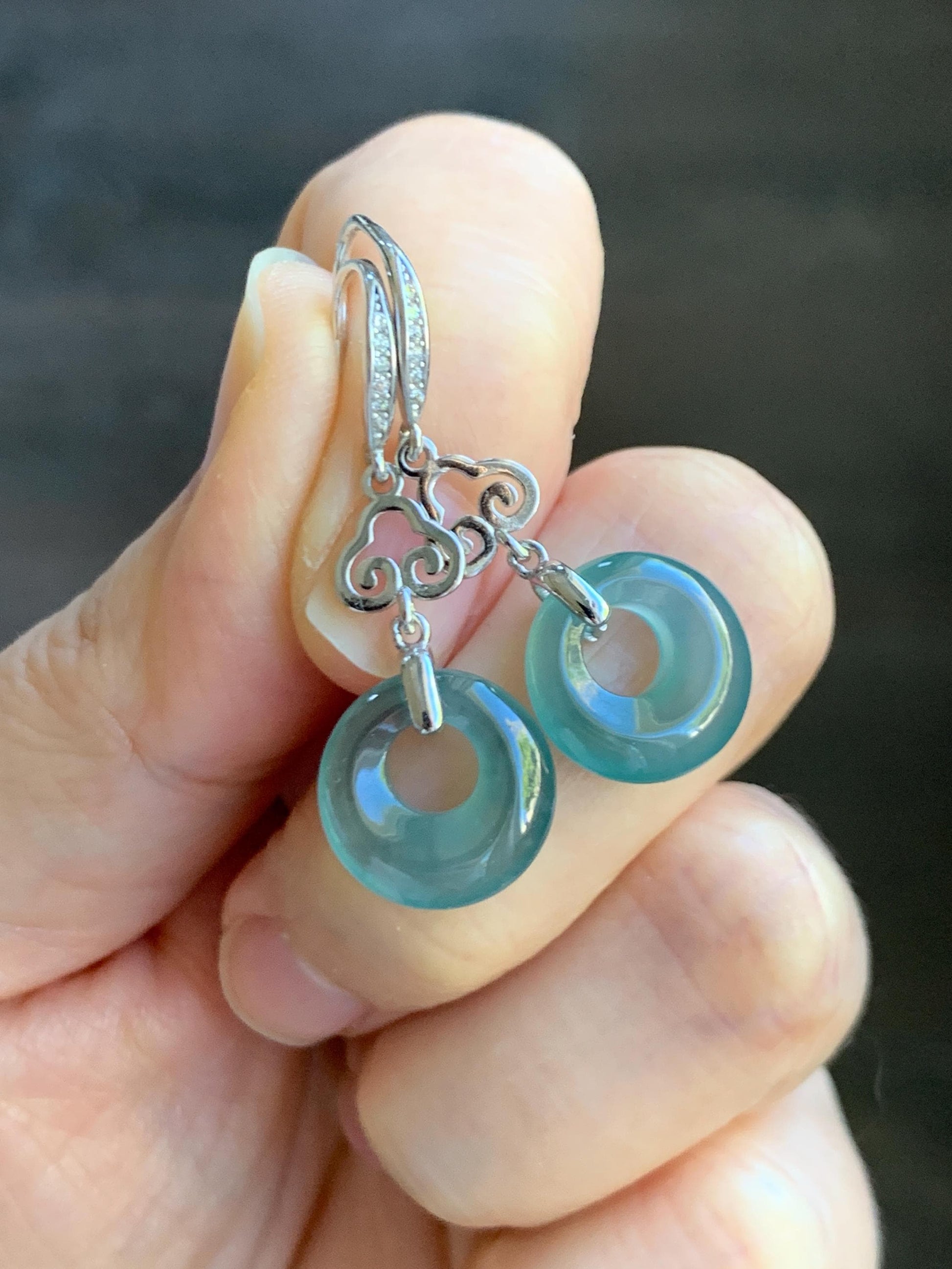 Natural Grade A Guatemalan Icy Highly Translucent Teal Blue Jade Jadeite Princess Donut Dangle Earrings Sterling Silver 天然冰危蓝绿翡翠公主扣耳钩 WGZ110