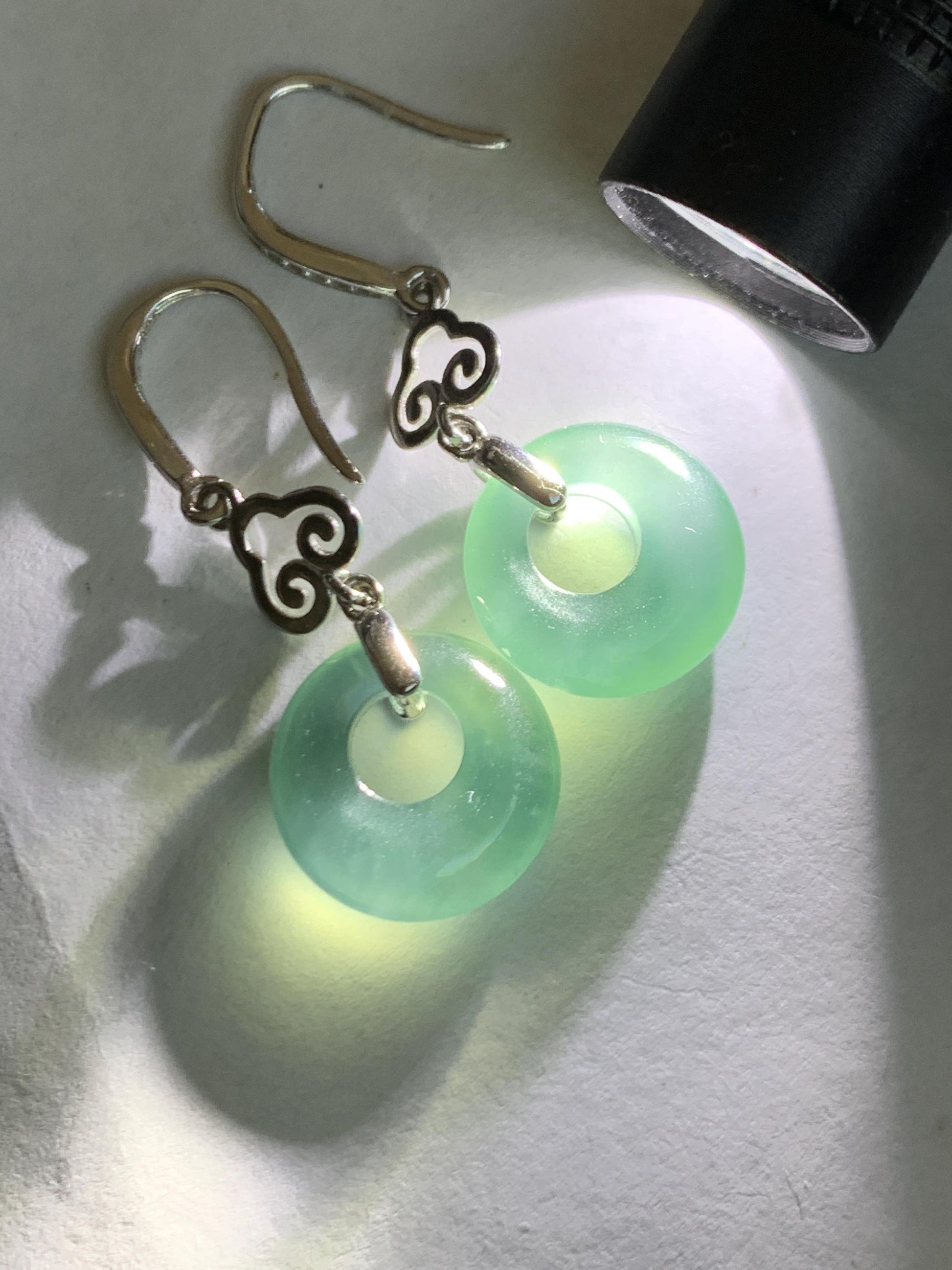 Natural Grade A Guatemalan Icy Highly Translucent Teal Blue Jade Jadeite Princess Donut Dangle Earrings Sterling Silver 天然冰危蓝绿翡翠公主扣耳钩 WGZ110