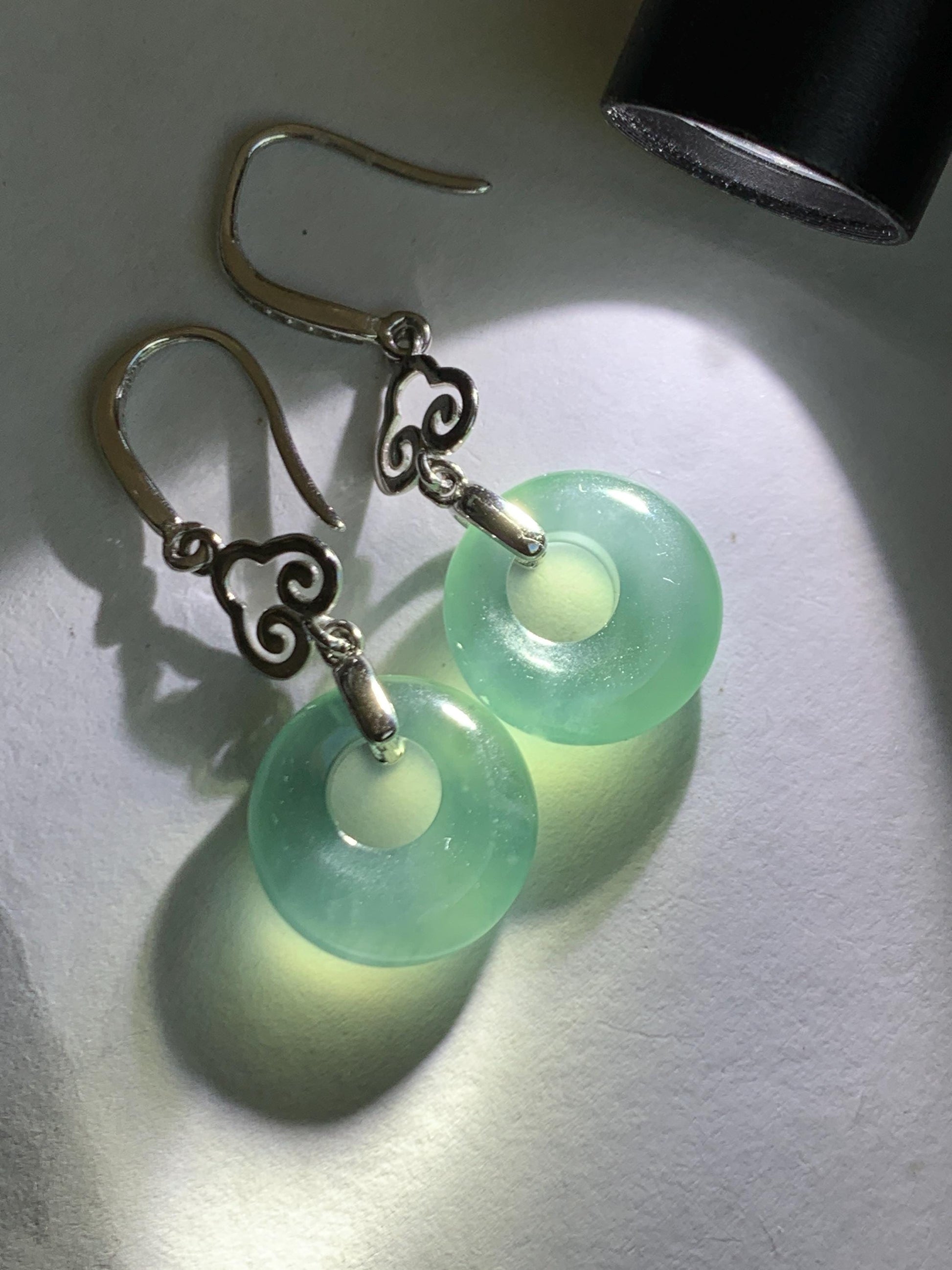 Natural Grade A Guatemalan Icy Highly Translucent Teal Blue Jade Jadeite Princess Donut Dangle Earrings Sterling Silver 天然冰危蓝绿翡翠公主扣耳钩 WGZ110
