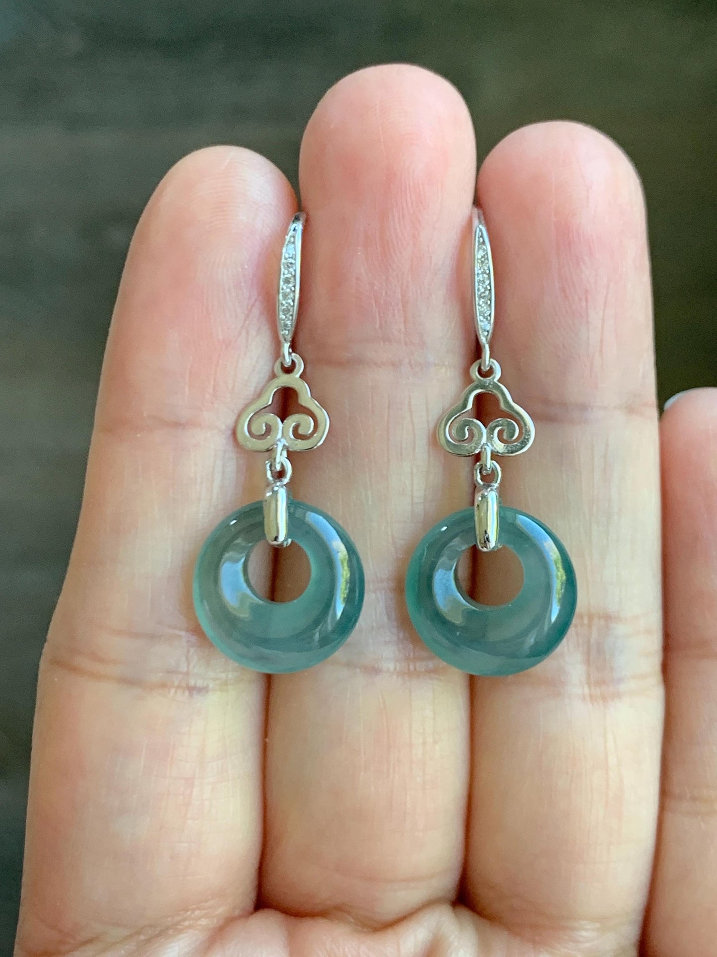 Natural Grade A Guatemalan Icy Highly Translucent Teal Blue Jade Jadeite Princess Donut Dangle Earrings Sterling Silver 天然冰危蓝绿翡翠公主扣耳钩 WGZ110