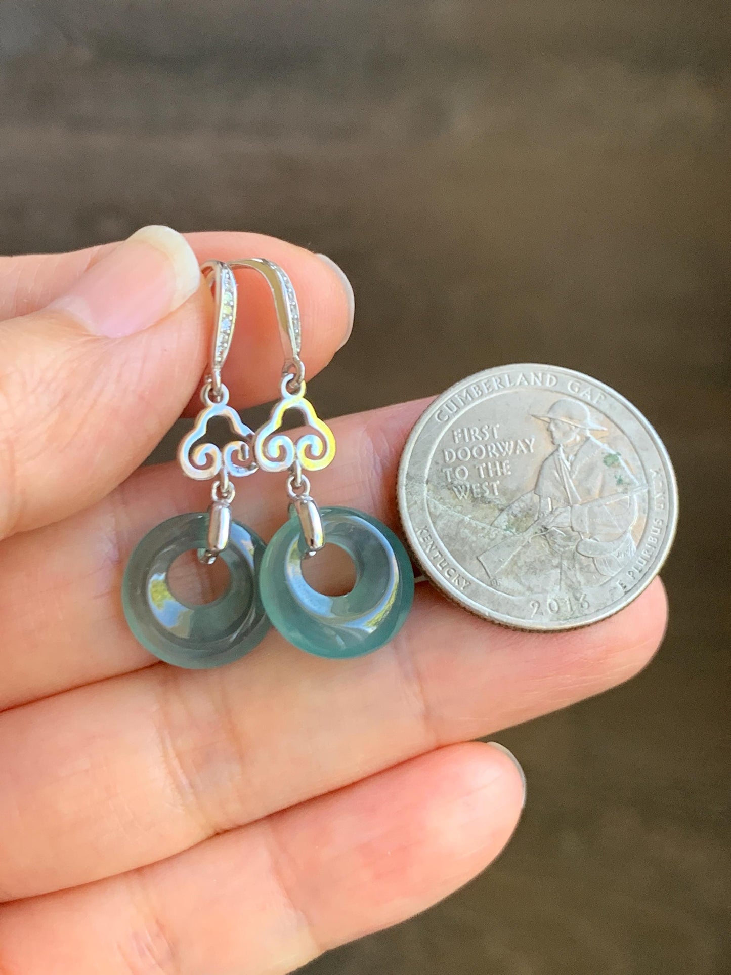 Natural Grade A Guatemalan Icy Highly Translucent Teal Blue Jade Jadeite Princess Donut Dangle Earrings Sterling Silver 天然冰危蓝绿翡翠公主扣耳钩 WGZ110