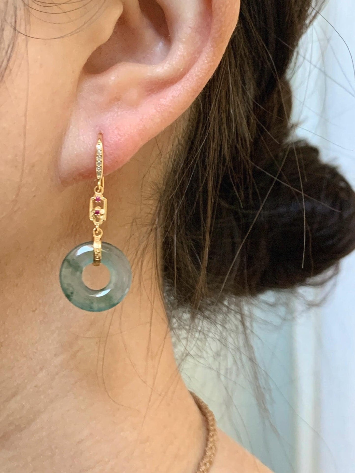 Natural Grade A Guatemalan Icy Translucent Teal Green Marbled Jade Jadeite Ping An Kou Donut Earrings Sterling Silver 天然冰危飘花翡翠平安扣耳钩 WPHG110