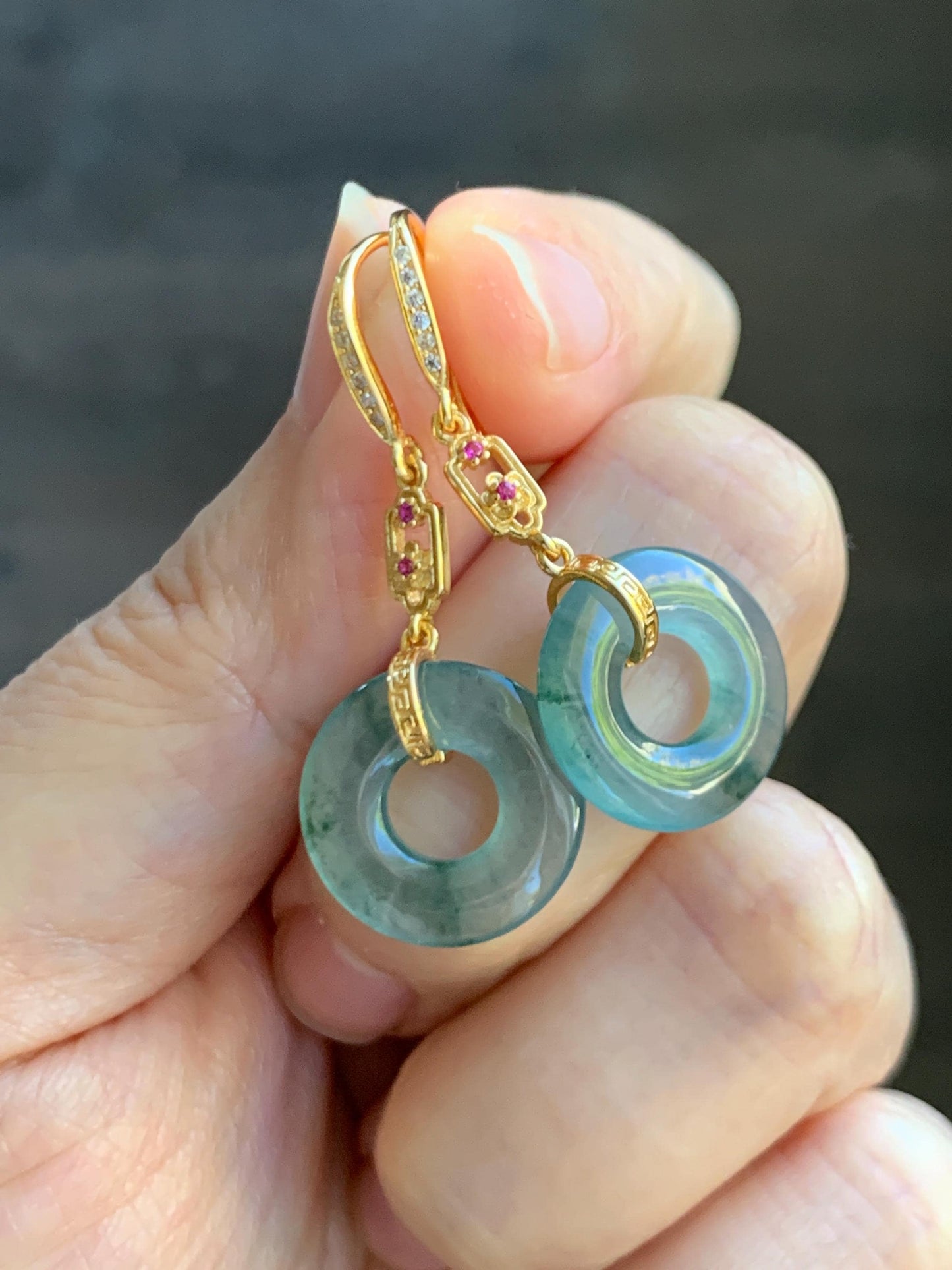Natural Grade A Guatemalan Icy Translucent Teal Green Marbled Jade Jadeite Ping An Kou Donut Earrings Sterling Silver 天然冰危飘花翡翠平安扣耳钩 WPHG110