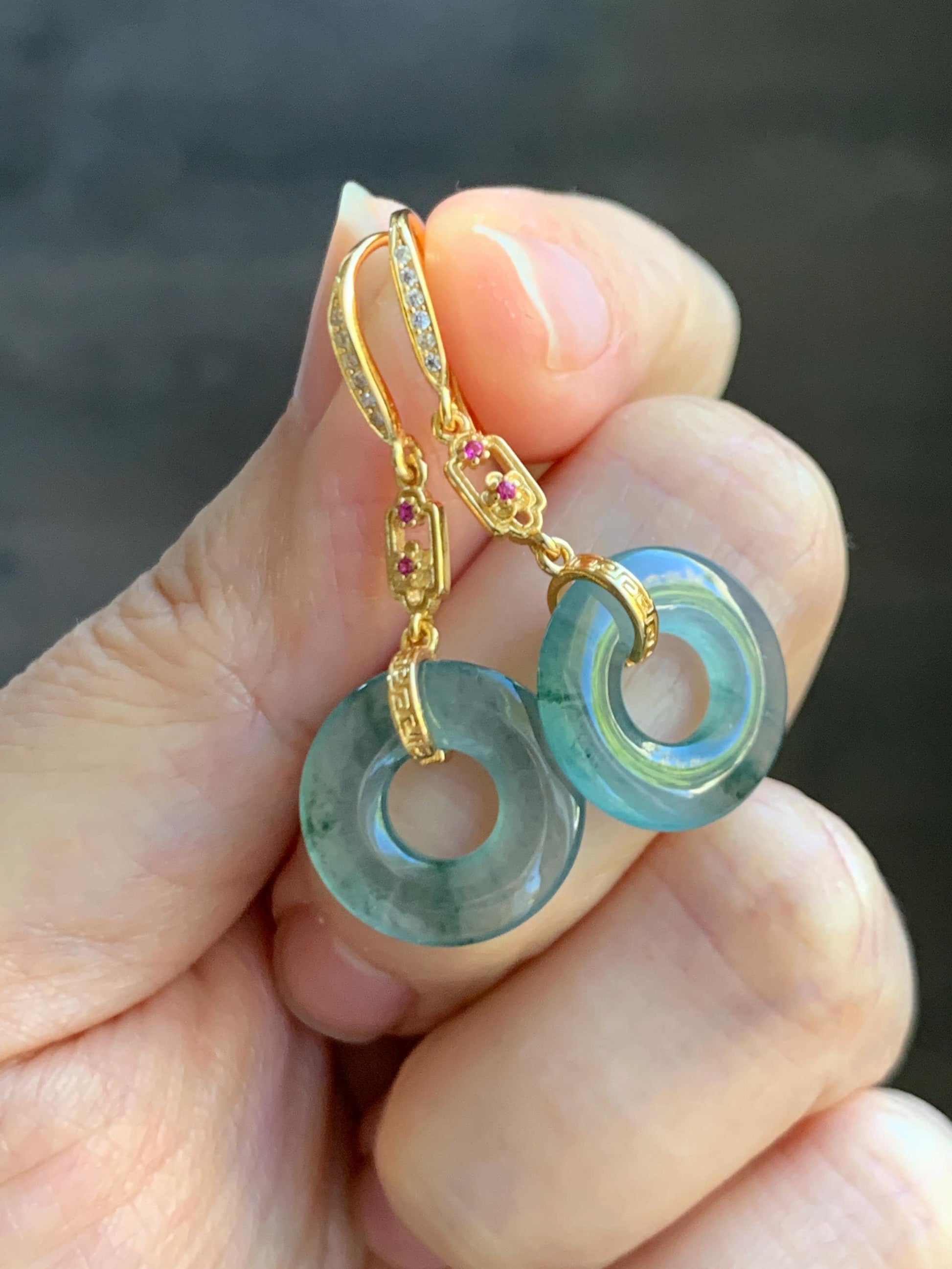 Natural Grade A Guatemalan Icy Translucent Teal Green Marbled Jade Jadeite Ping An Kou Donut Earrings Sterling Silver 天然冰危飘花翡翠平安扣耳钩 WPHG110