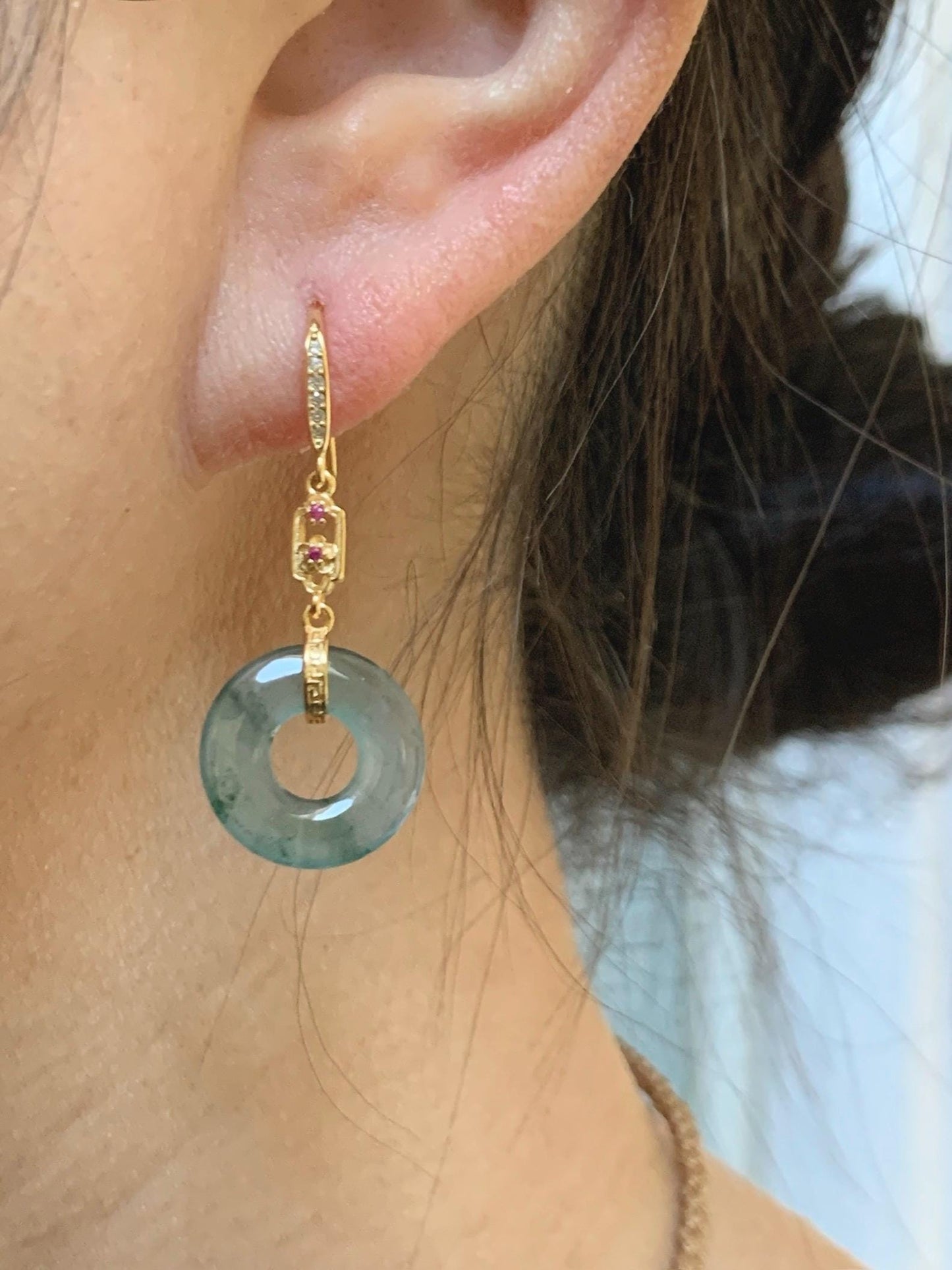 Natural Grade A Guatemalan Icy Translucent Teal Green Marbled Jade Jadeite Ping An Kou Donut Earrings Sterling Silver 天然冰危飘花翡翠平安扣耳钩 WPHG110