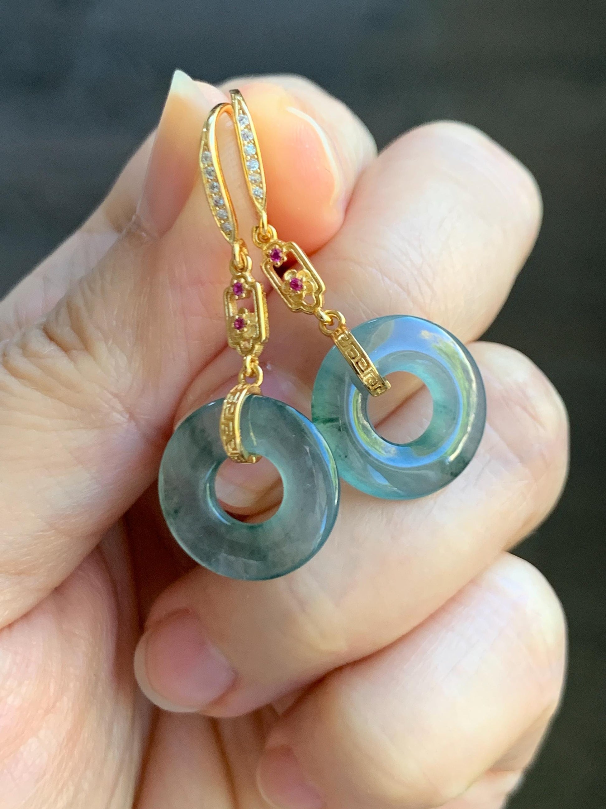 Natural Grade A Guatemalan Icy Translucent Teal Green Marbled Jade Jadeite Ping An Kou Donut Earrings Sterling Silver 天然冰危飘花翡翠平安扣耳钩 WPHG110