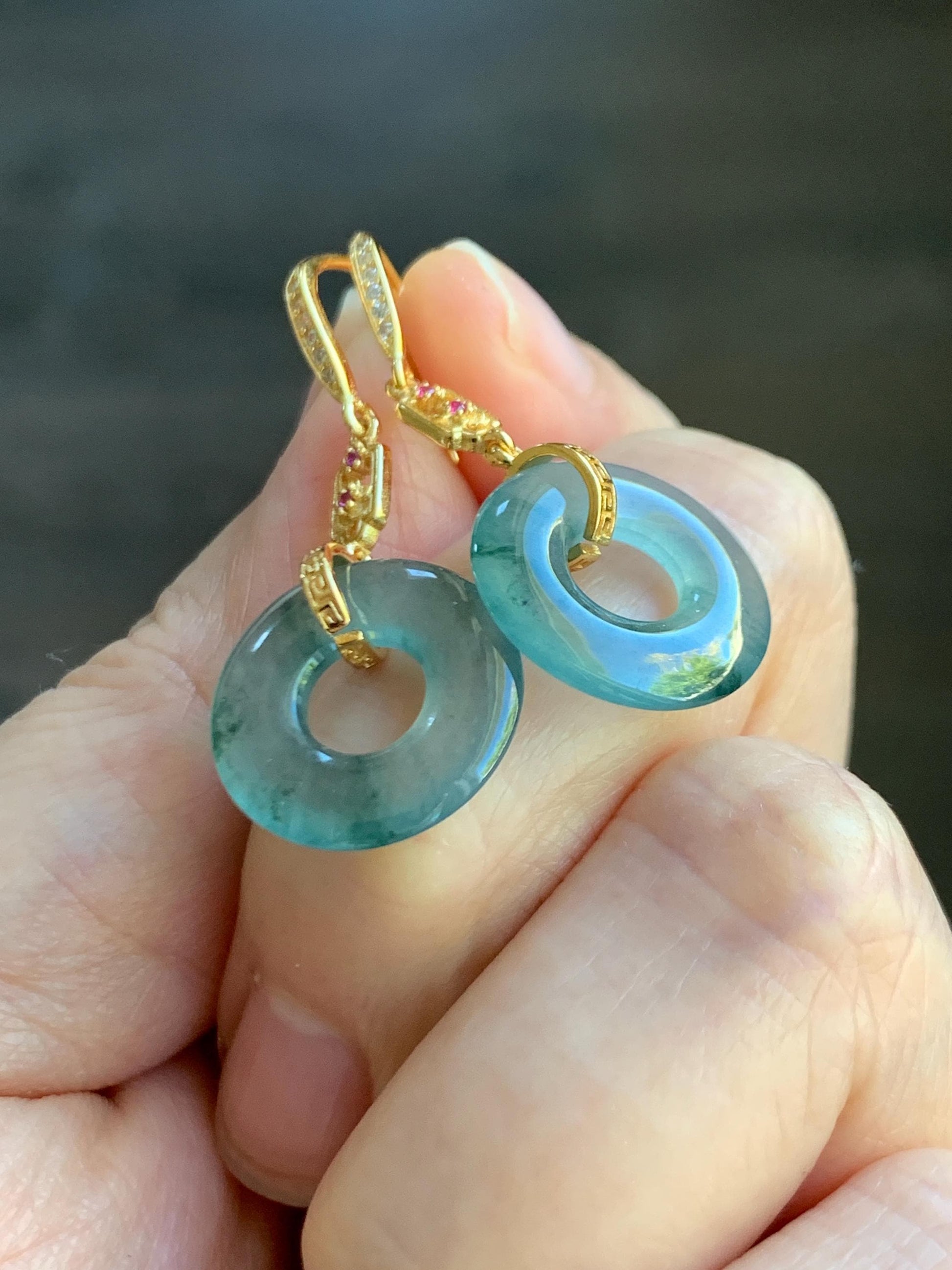 Natural Grade A Guatemalan Icy Translucent Teal Green Marbled Jade Jadeite Ping An Kou Donut Earrings Sterling Silver 天然冰危飘花翡翠平安扣耳钩 WPHG110