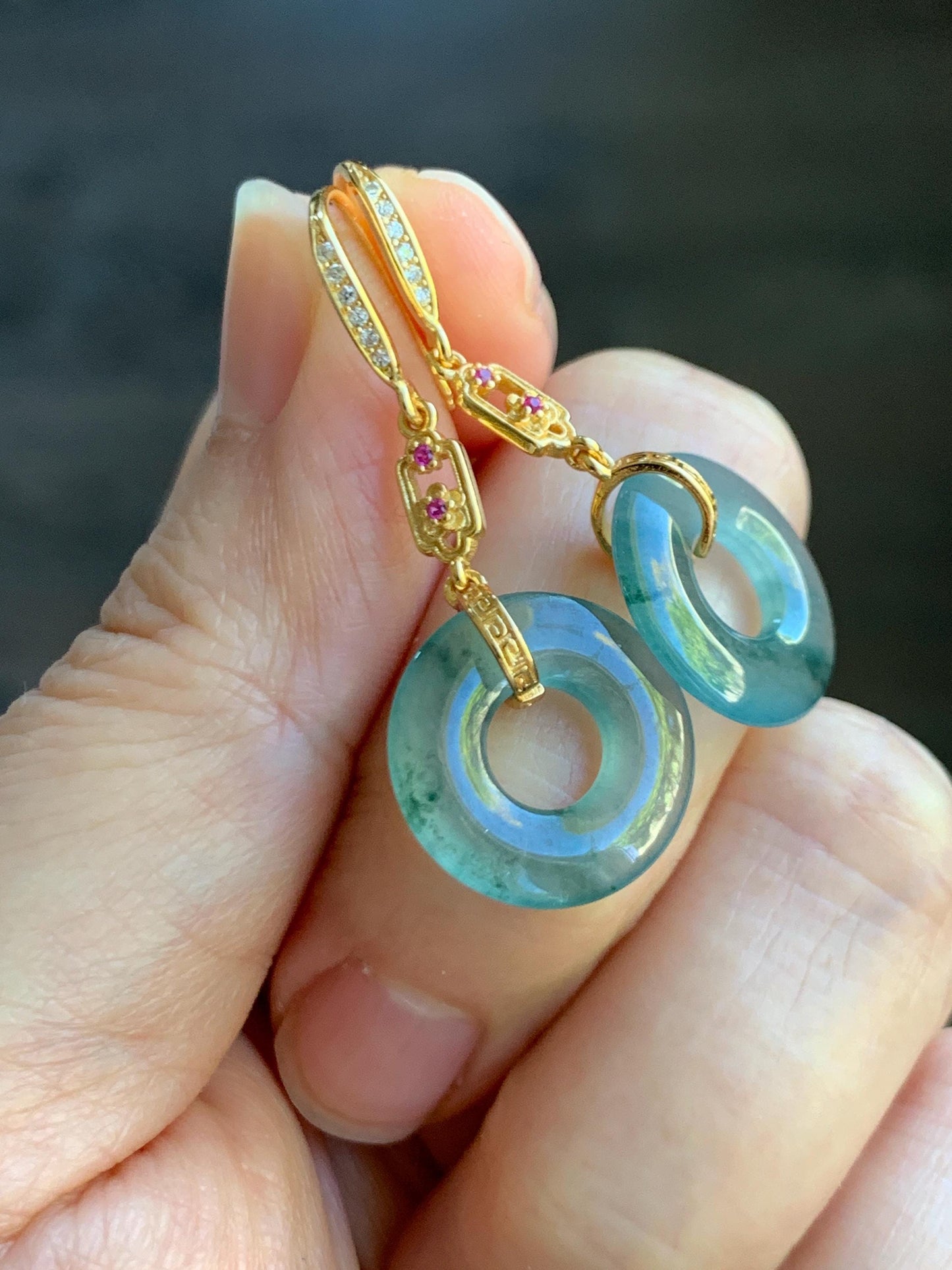 Natural Grade A Guatemalan Icy Translucent Teal Green Marbled Jade Jadeite Ping An Kou Donut Earrings Sterling Silver 天然冰危飘花翡翠平安扣耳钩 WPHG110