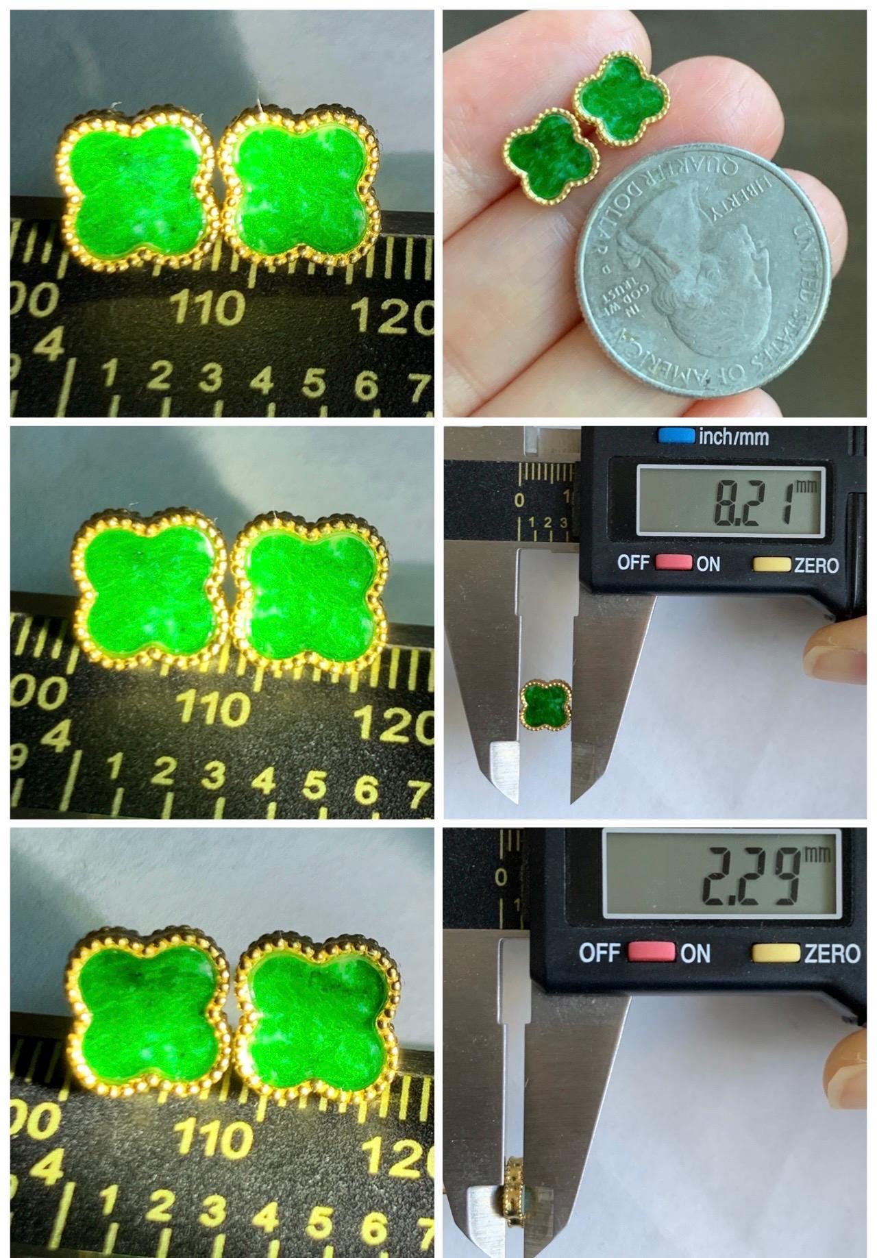 Natural Grade A Vibrant Green Jade Jadeite Clover Leaf Stud Earrings S925 Sterling Silver Yellow Gold Overlay 天然阳绿花青翡翠四叶草贝母银镶耳钉 C