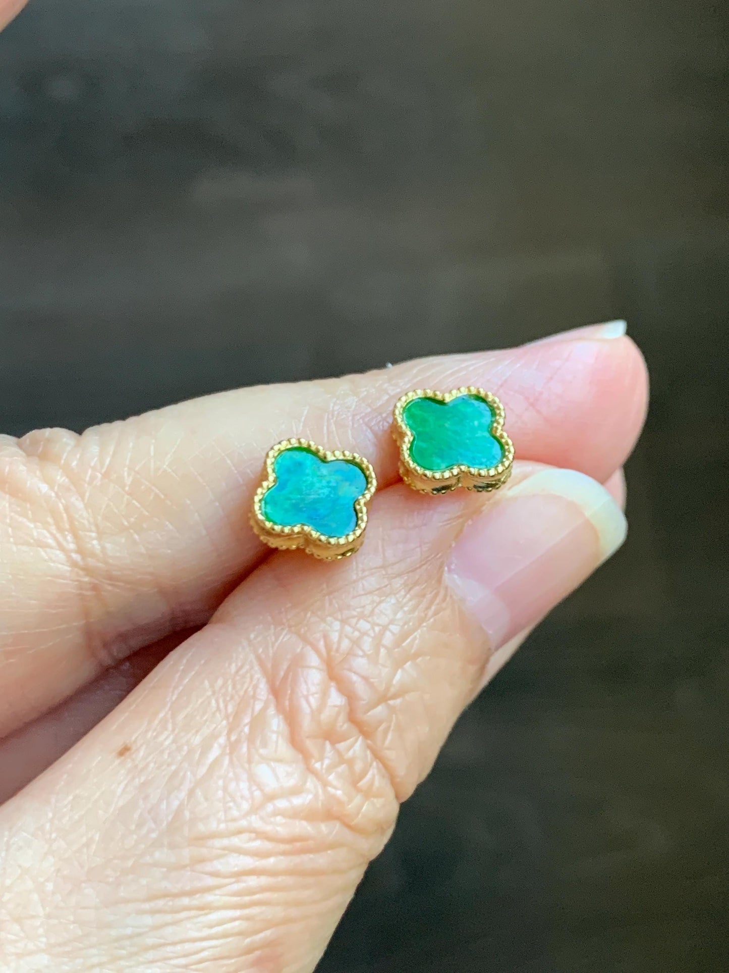 Natural Grade A Vibrant Green Jade Jadeite Clover Leaf Stud Earrings S925 Sterling Silver Yellow Gold Overlay 天然阳绿花青翡翠四叶草贝母银镶耳钉 C