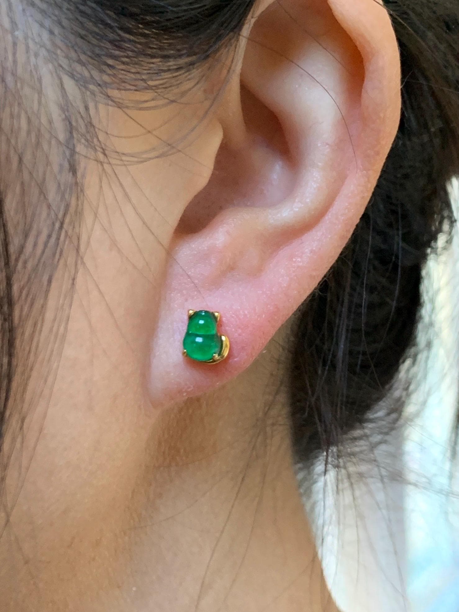 Natural Grade A Guatemalan Icy Translucent Vibrant Green Jade Jadeite Gourd Hulu Cat Stud Earrings Sterling Silver 天然冰危绿翡翠葫芦猫咪耳钉WHJ150A