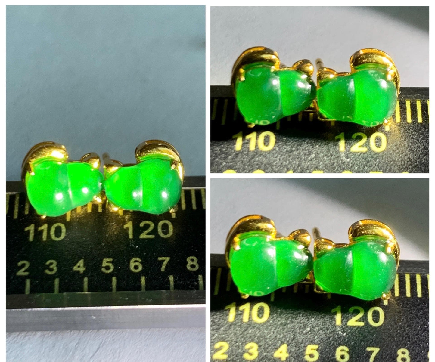 Natural Grade A Guatemalan Icy Translucent Vibrant Green Jade Jadeite Gourd Hulu Cat Stud Earrings Sterling Silver 天然冰危绿翡翠葫芦猫咪耳钉WHJ150A