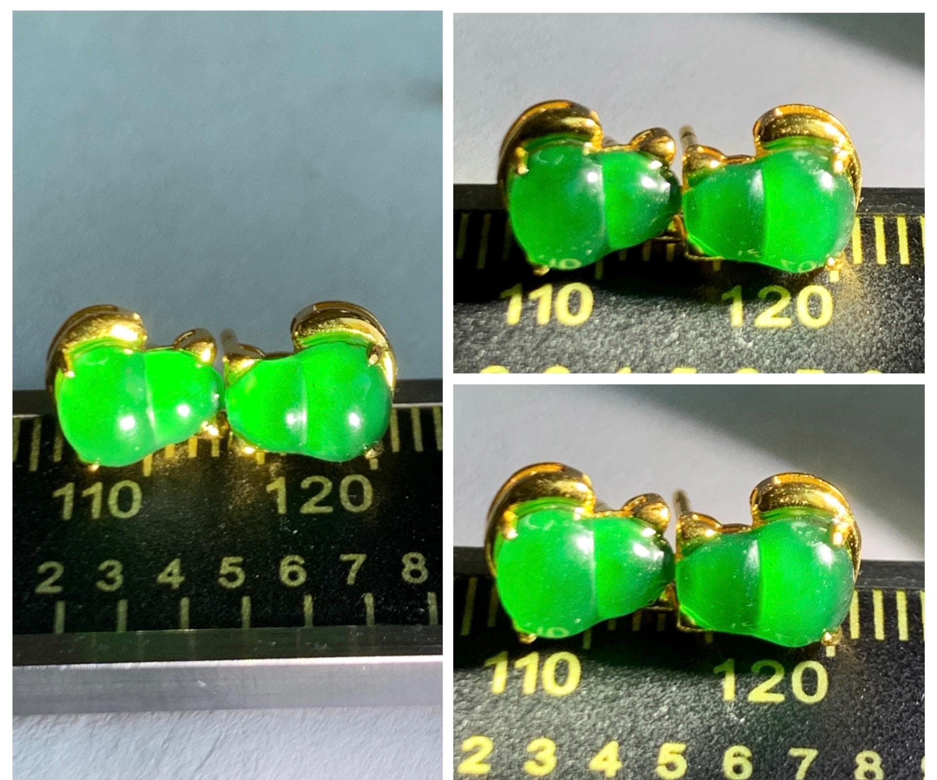 Natural Grade A Guatemalan Icy Translucent Vibrant Green Jade Jadeite Gourd Hulu Cat Stud Earrings Sterling Silver 天然冰危绿翡翠葫芦猫咪耳钉WHJ150A