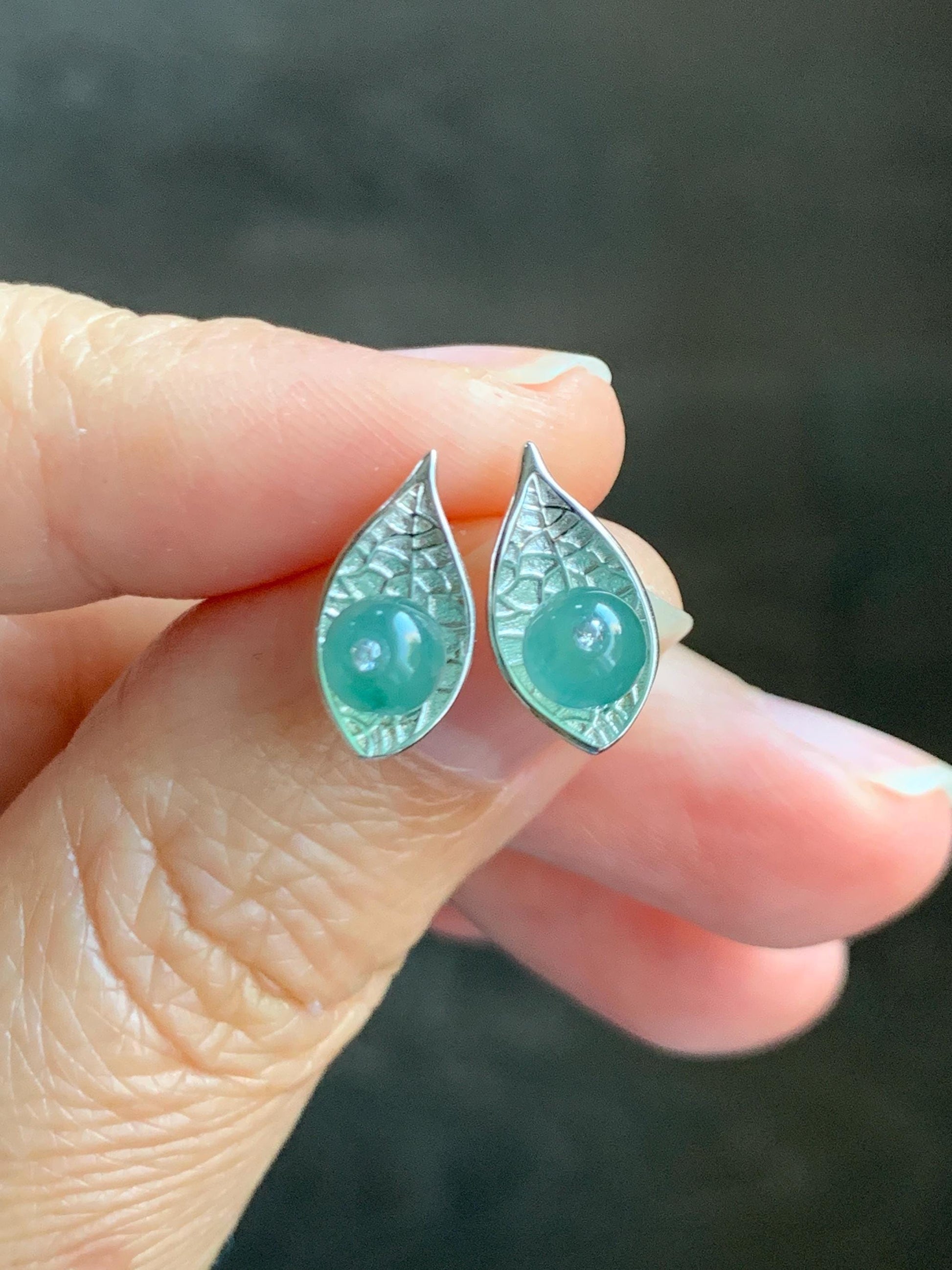 Natural Guatemalan Grade A Icy Highly Translucent Light Teal Green Jadeite Beads Stud Earrings Sterling Silver 天然冰危晴蓝翡翠小圆珠耳钉 DZY66