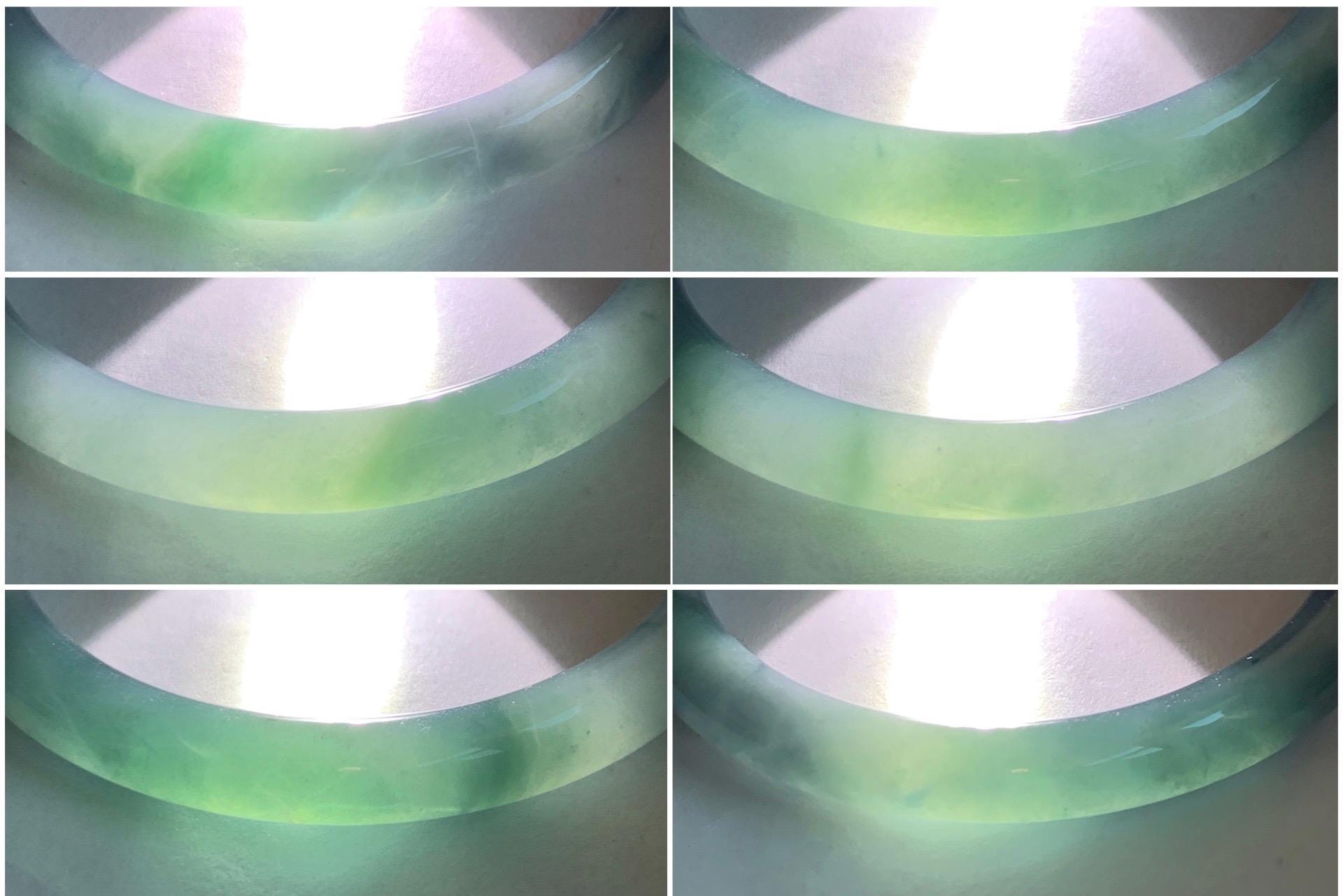 Certified Natural Grade A Guatemalan Icy Translucent Dusty Teal Blue Marbled Jade Jadeite Bangle Bracelet 54.59mm 6.75” 天然冰危蓝飘花翡翠圆条手镯 717