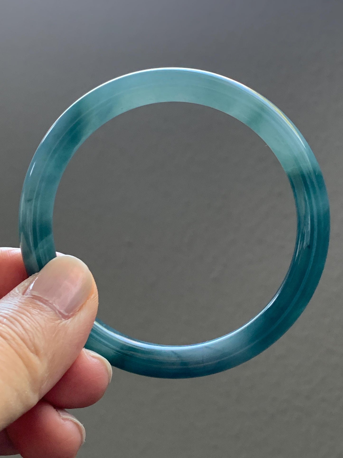 Certified Natural Grade A Guatemalan Icy Translucent Dusty Teal Blue Marbled Jade Jadeite Bangle Bracelet 54.59mm 6.75” 天然冰危蓝飘花翡翠圆条手镯 717