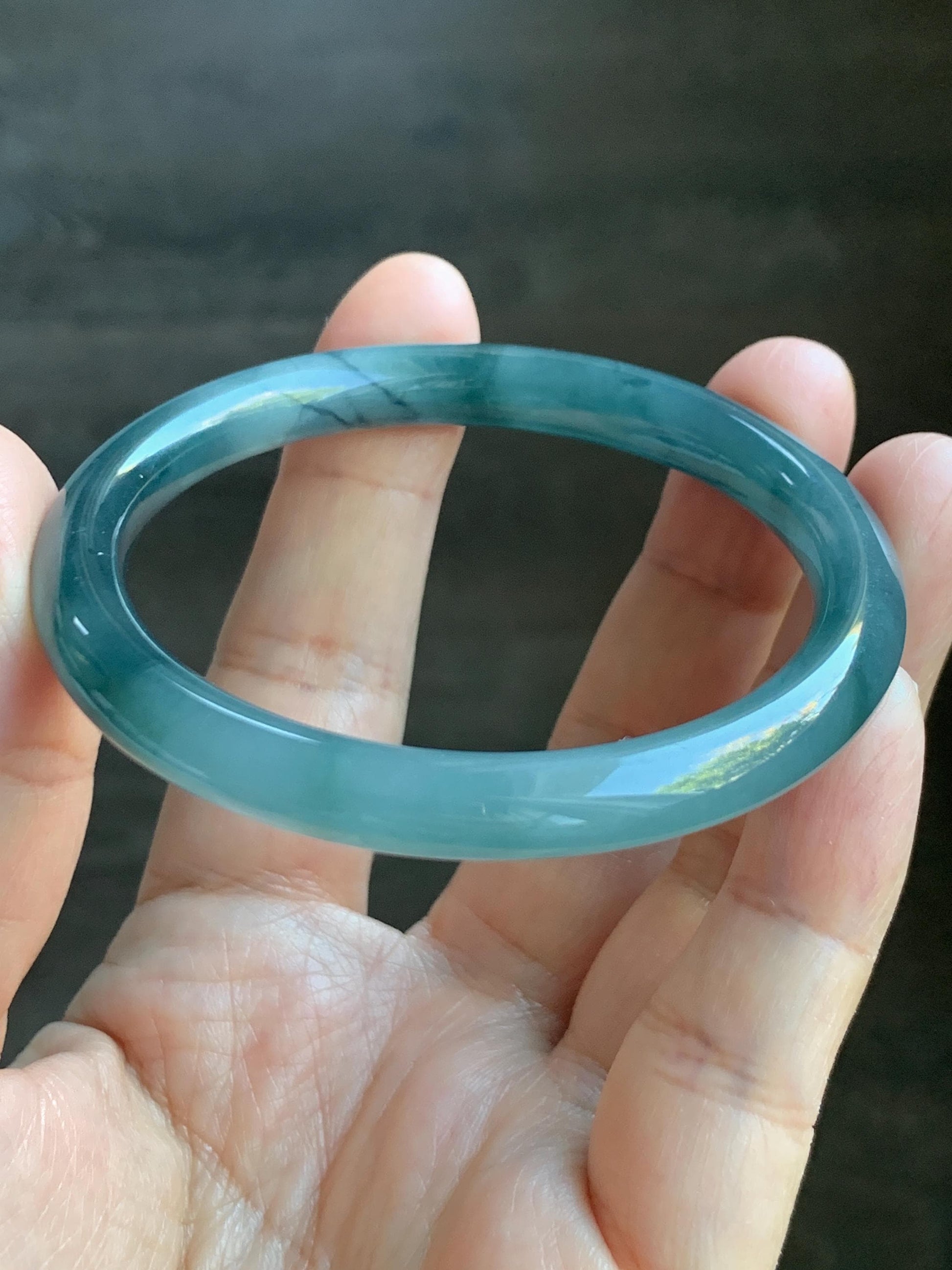 Certified Natural Grade A Guatemalan Icy Translucent Dusty Teal Blue Marbled Jade Jadeite Bangle Bracelet 54.59mm 6.75” 天然冰危蓝飘花翡翠圆条手镯 717