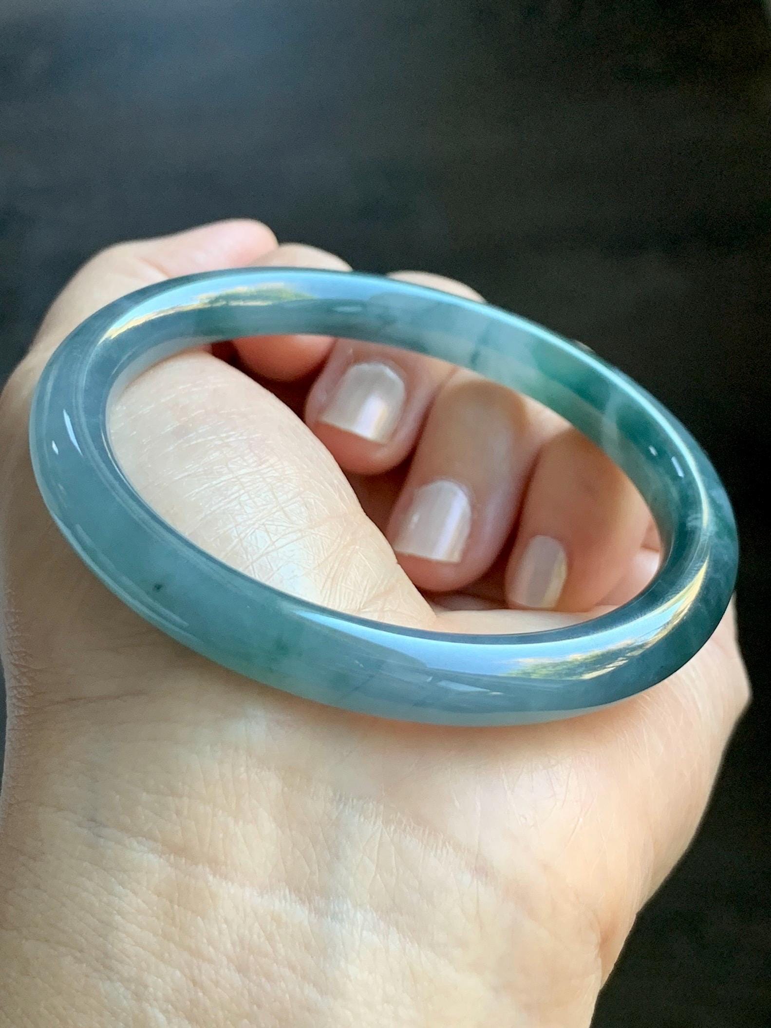 Certified Natural Grade A Guatemalan Icy Translucent Dusty Blue Teal Green Marbled Jade Jadeite Bangle Bracelet 56.6mm 7” 天然冰危蓝飘花翡翠圆条手镯 730
