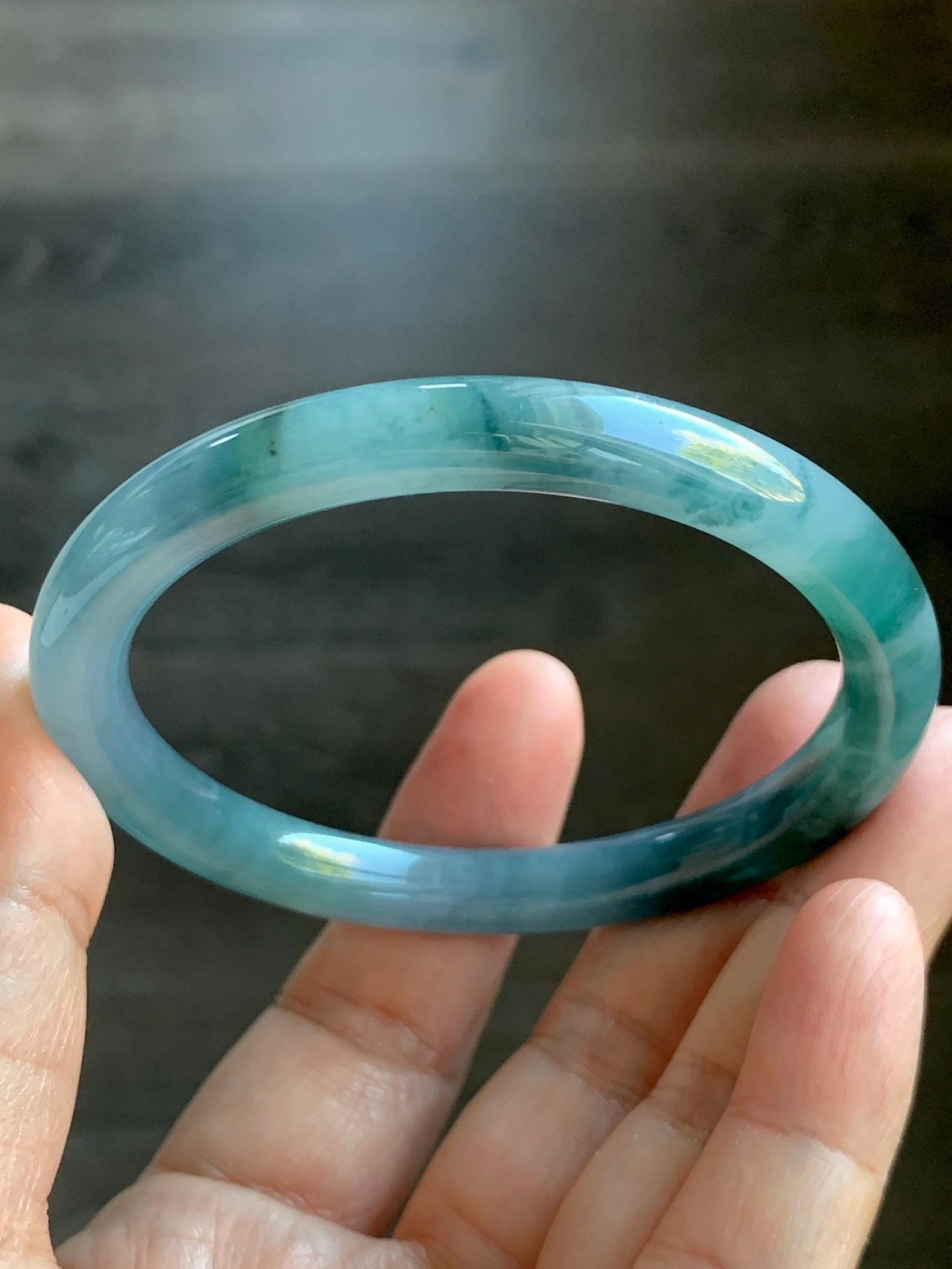 Certified Natural Grade A Guatemalan Icy Translucent Dusty Blue Teal Green Marbled Jade Jadeite Bangle Bracelet 56.6mm 7” 天然冰危蓝飘花翡翠圆条手镯 730