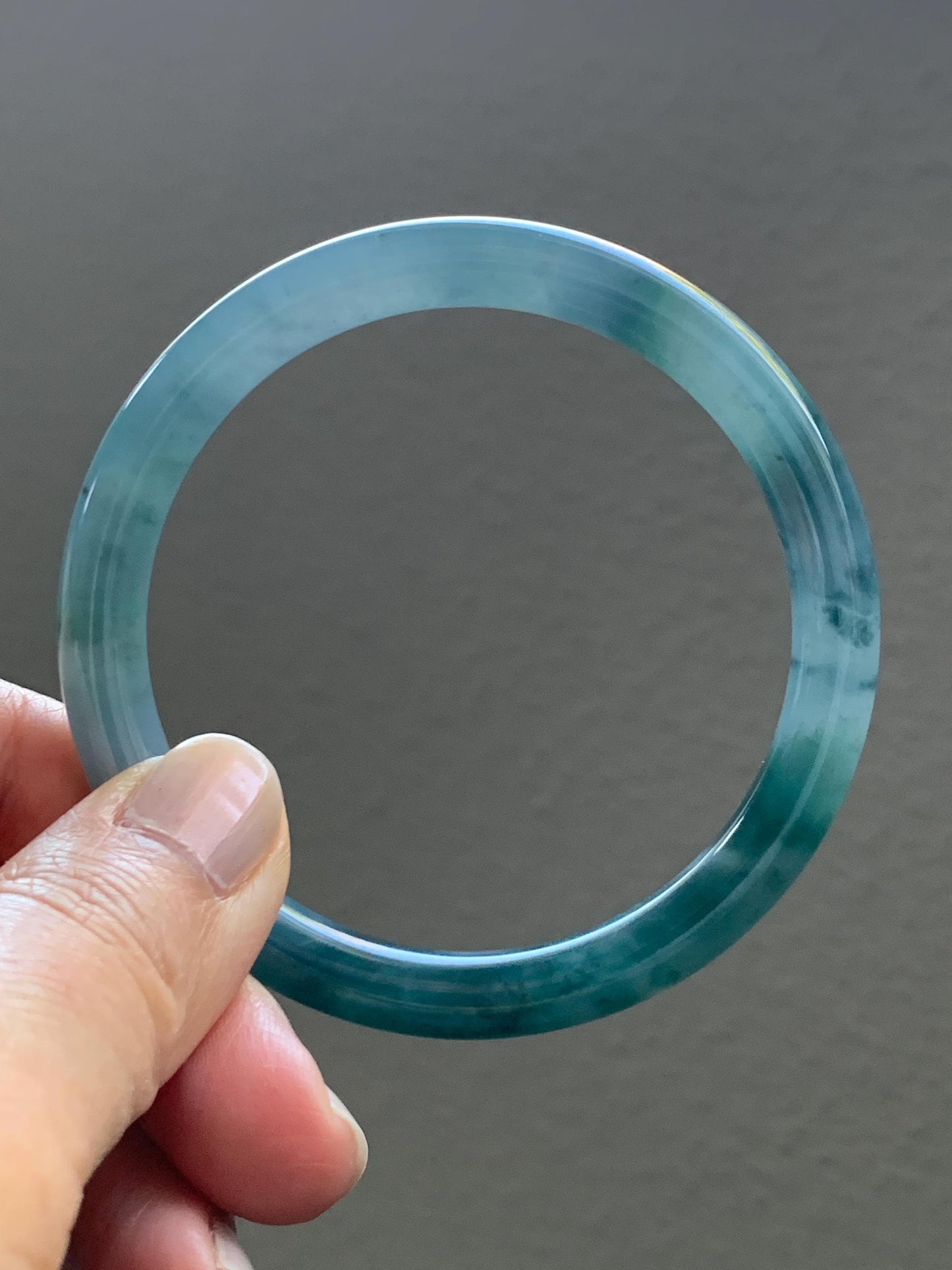 Certified Natural Grade A Guatemalan Icy Translucent Dusty Blue Teal Green Marbled Jade Jadeite Bangle Bracelet 56.6mm 7” 天然冰危蓝飘花翡翠圆条手镯 730