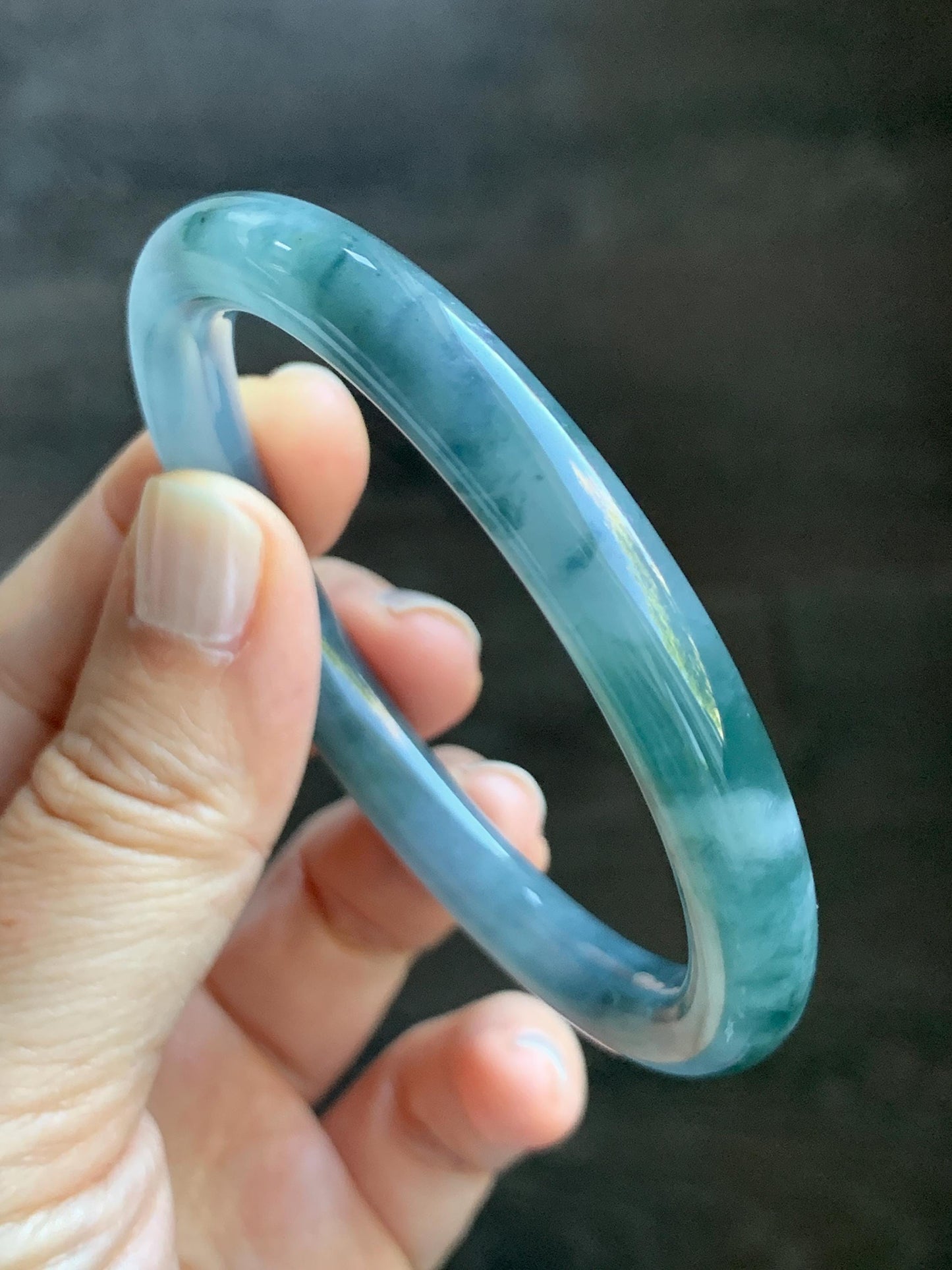Certified Natural Grade A Guatemalan Icy Translucent Dusty Blue Teal Green Marbled Jade Jadeite Bangle Bracelet 56.6mm 7” 天然冰危蓝飘花翡翠圆条手镯 730