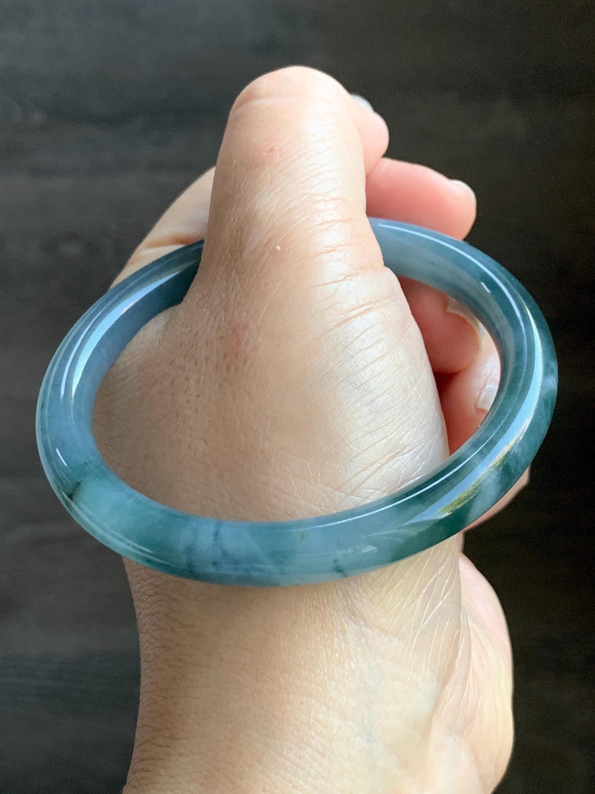 Certified Natural Grade A Guatemalan Icy Translucent Dusty Blue Teal Green Marbled Jade Jadeite Bangle Bracelet 56.6mm 7” 天然冰危蓝飘花翡翠圆条手镯 730