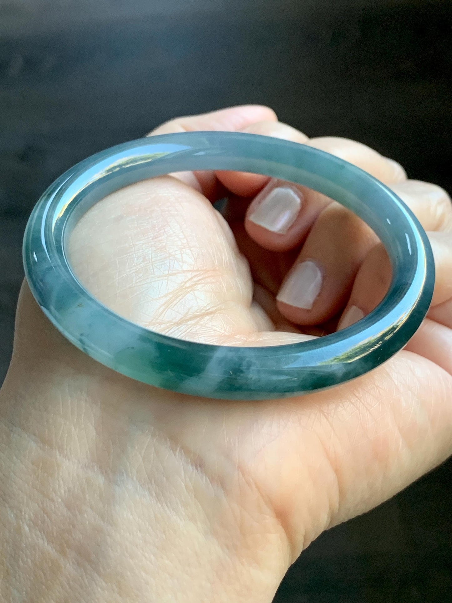 Certified Natural Grade A Guatemalan Icy Translucent Dusty Blue Teal Green Marbled Jade Jadeite Bangle Bracelet 56.6mm 7” 天然冰危蓝飘花翡翠圆条手镯 730