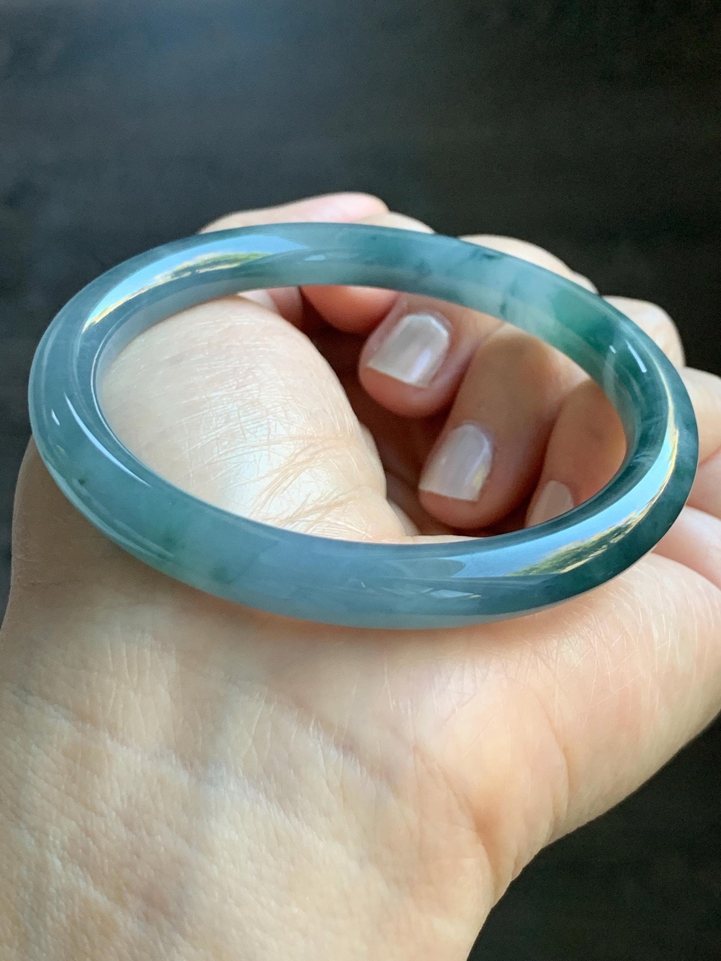 Certified Natural Grade A Guatemalan Icy Translucent Dusty Blue Teal Green Marbled Jade Jadeite Bangle Bracelet 56.6mm 7” 天然冰危蓝飘花翡翠圆条手镯 730