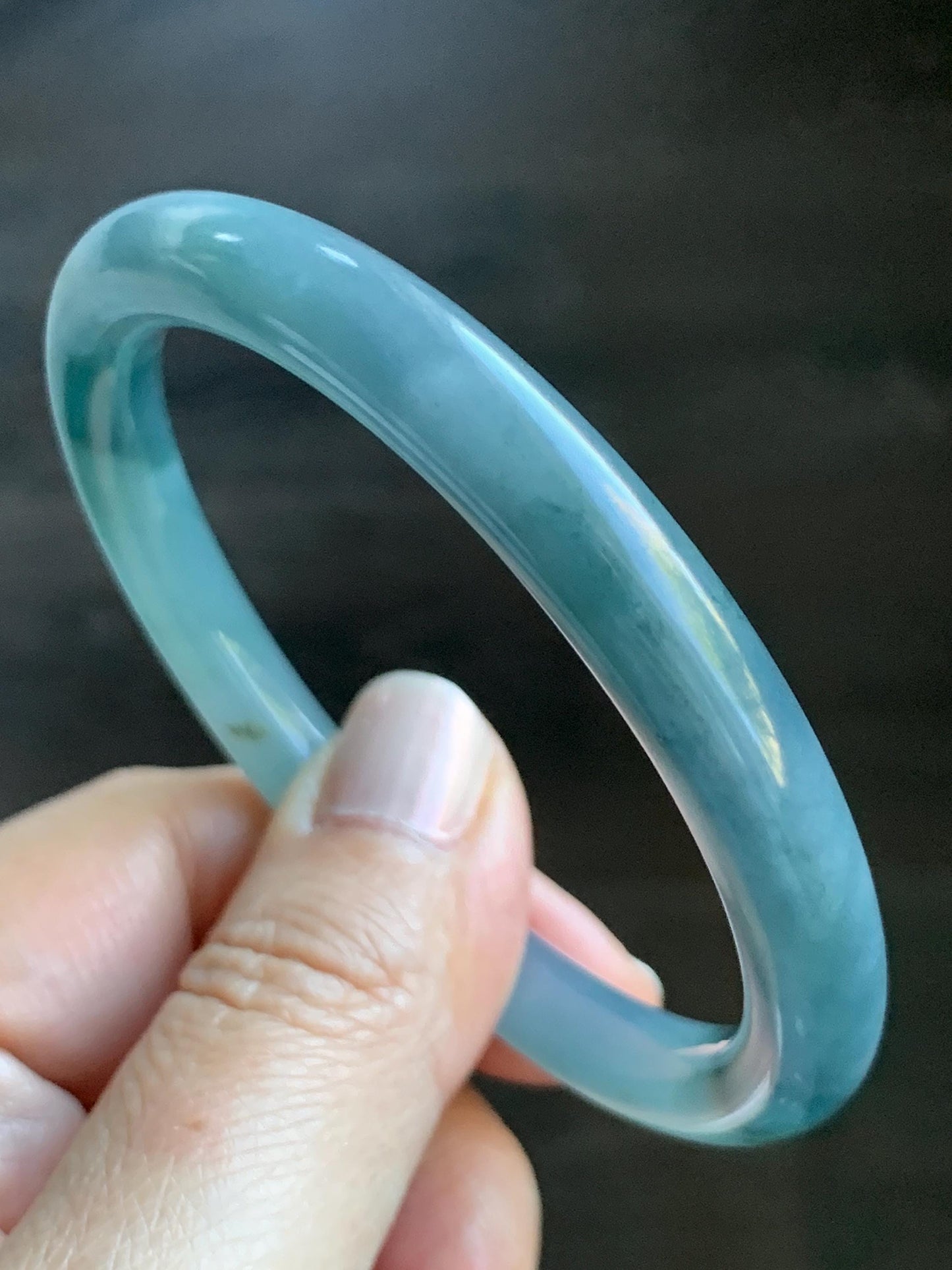 Certified Natural Grade A Guatemalan Icy Translucent Light Blue Dusty Blue Marbled Jade Jadeite Bangle Bracelet 56.75mm 7” 天然冰危蓝飘花翡翠圆条手镯 287