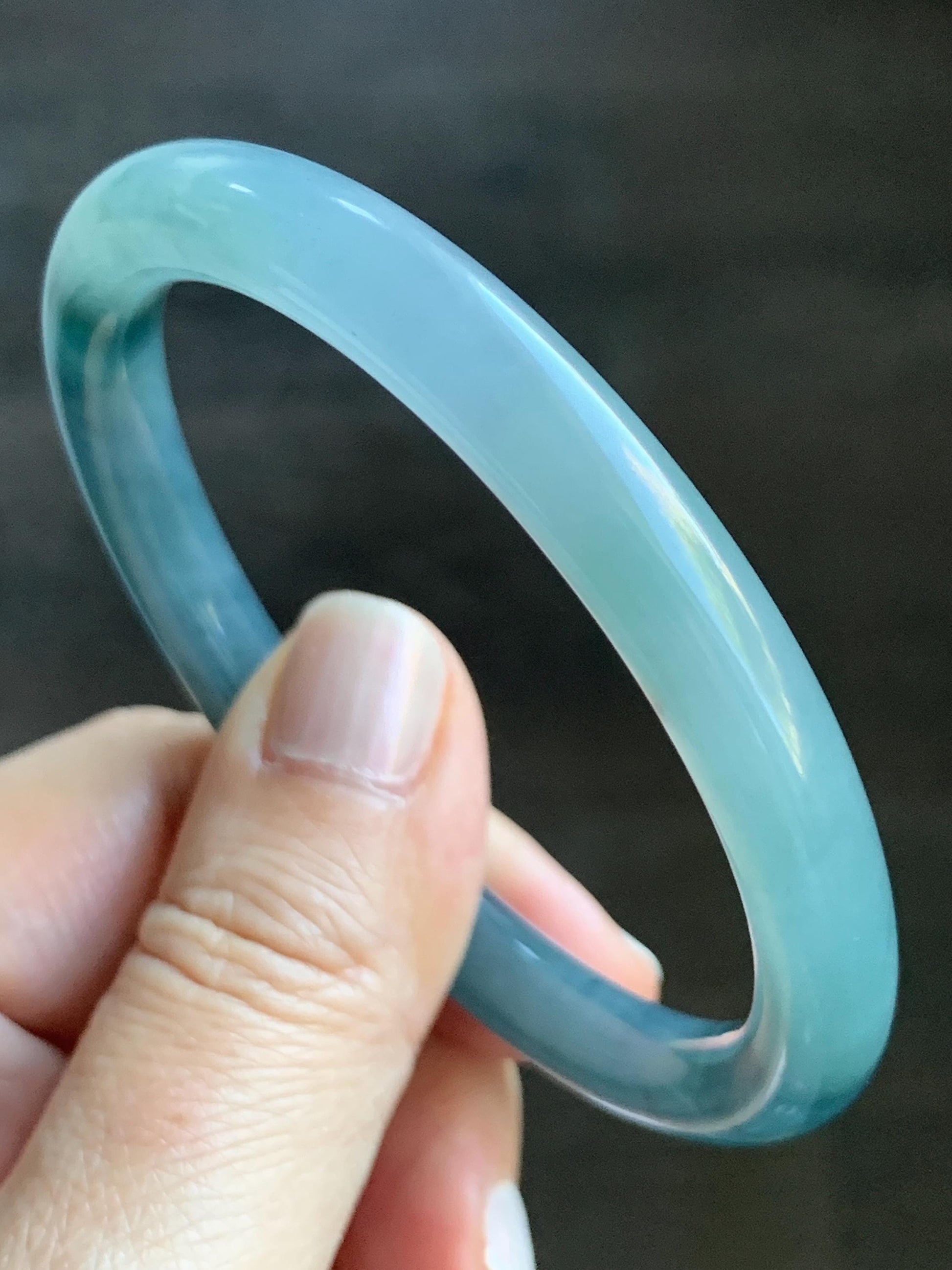Certified Natural Grade A Guatemalan Icy Translucent Light Blue Dusty Blue Marbled Jade Jadeite Bangle Bracelet 56.75mm 7” 天然冰危蓝飘花翡翠圆条手镯 287