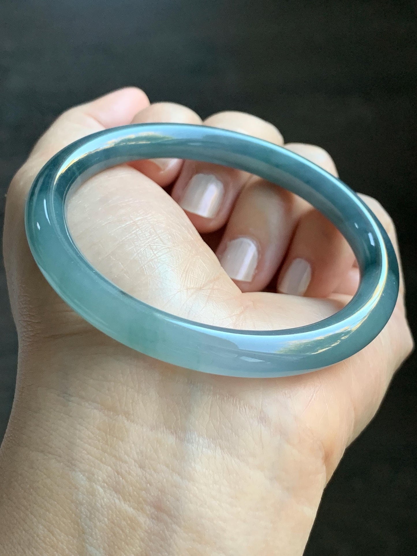 Certified Natural Grade A Guatemalan Icy Translucent Light Blue Dusty Blue Marbled Jade Jadeite Bangle Bracelet 56.75mm 7” 天然冰危蓝飘花翡翠圆条手镯 287