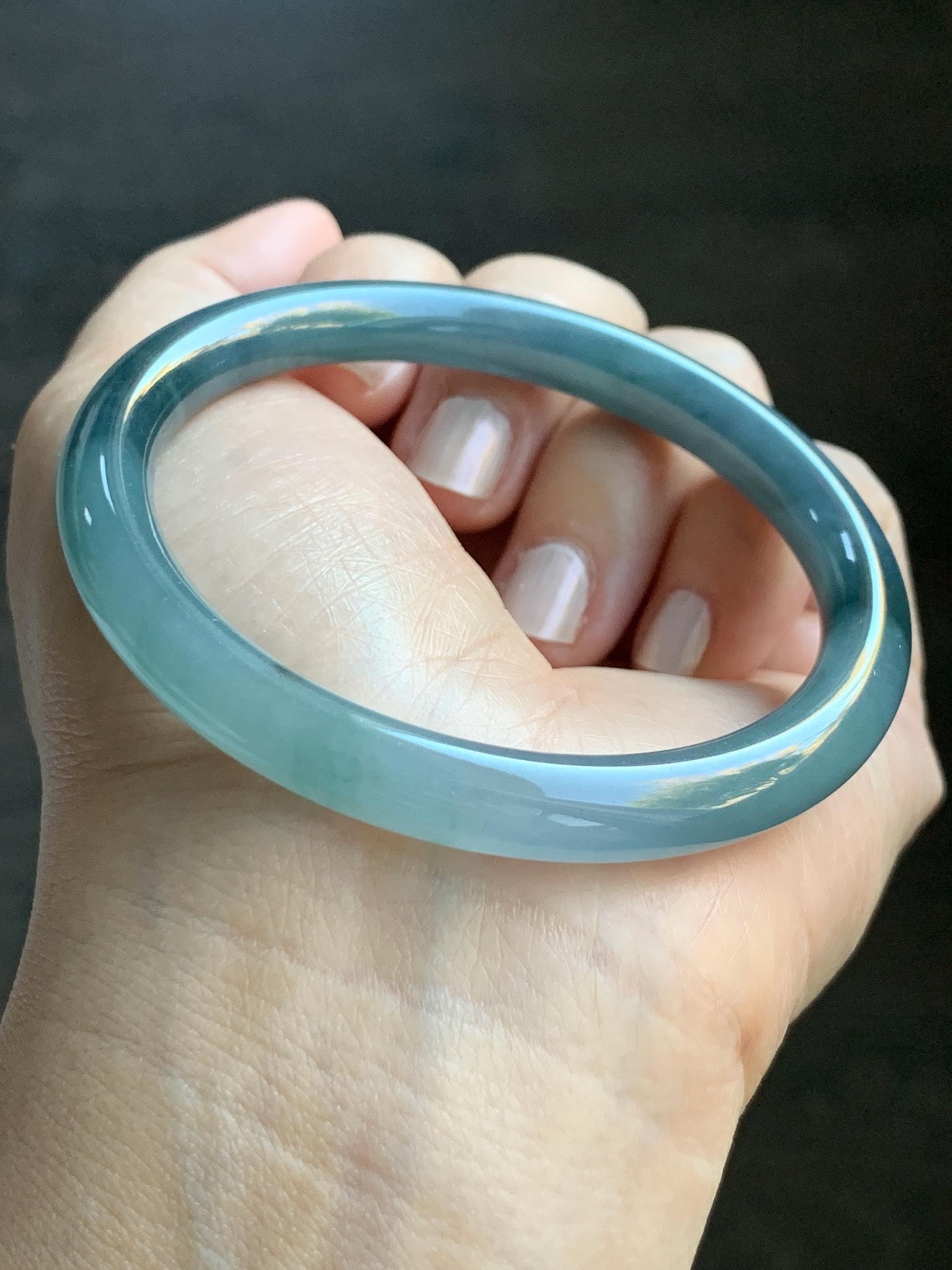 Certified Natural Grade A Guatemalan Icy Translucent Light Blue Dusty Blue Marbled Jade Jadeite Bangle Bracelet 56.75mm 7” 天然冰危蓝飘花翡翠圆条手镯 287
