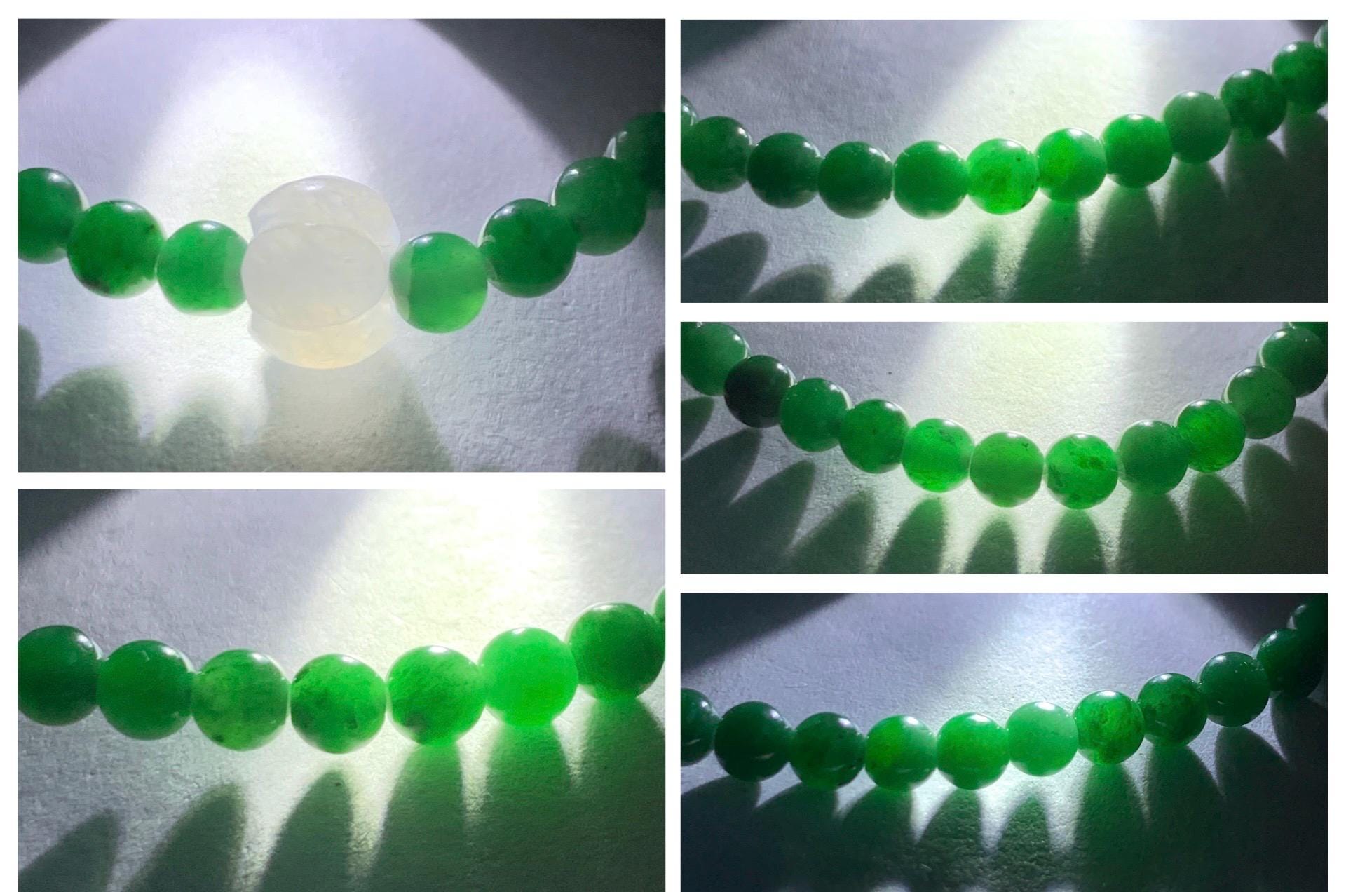 Natural Grade A Icy Translucent Vibrant Green Jade Jadeite Petite Beads Icy White Lotus Bead Beaded Bracelet 6.5” 5g 天然冰阳绿翡翠圆珠白冰莲花珠手串 XML220