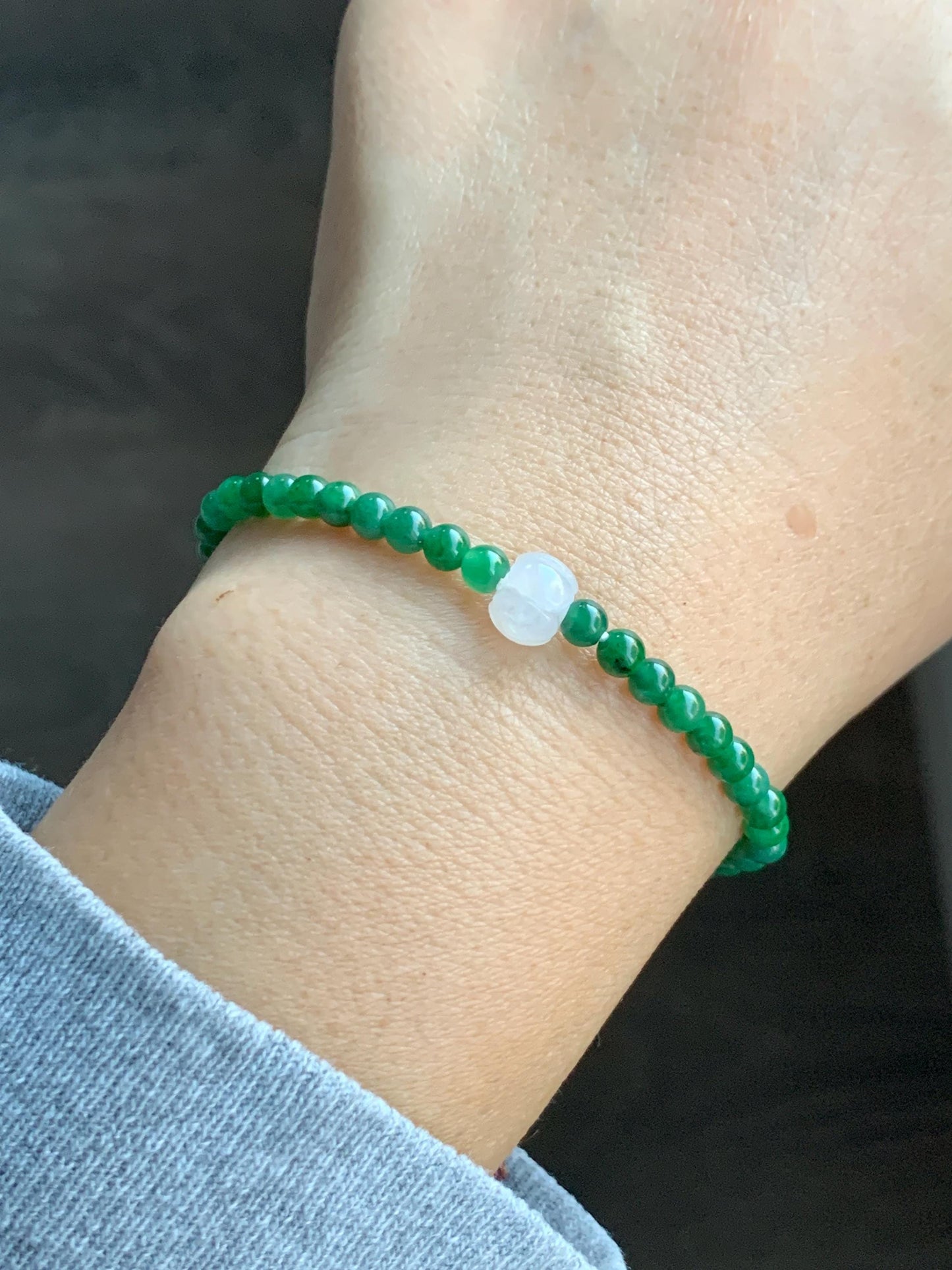 Natural Grade A Icy Translucent Vibrant Green Jade Jadeite Petite Beads Icy White Lotus Bead Beaded Bracelet 6.5” 5g 天然冰阳绿翡翠圆珠白冰莲花珠手串 XML220