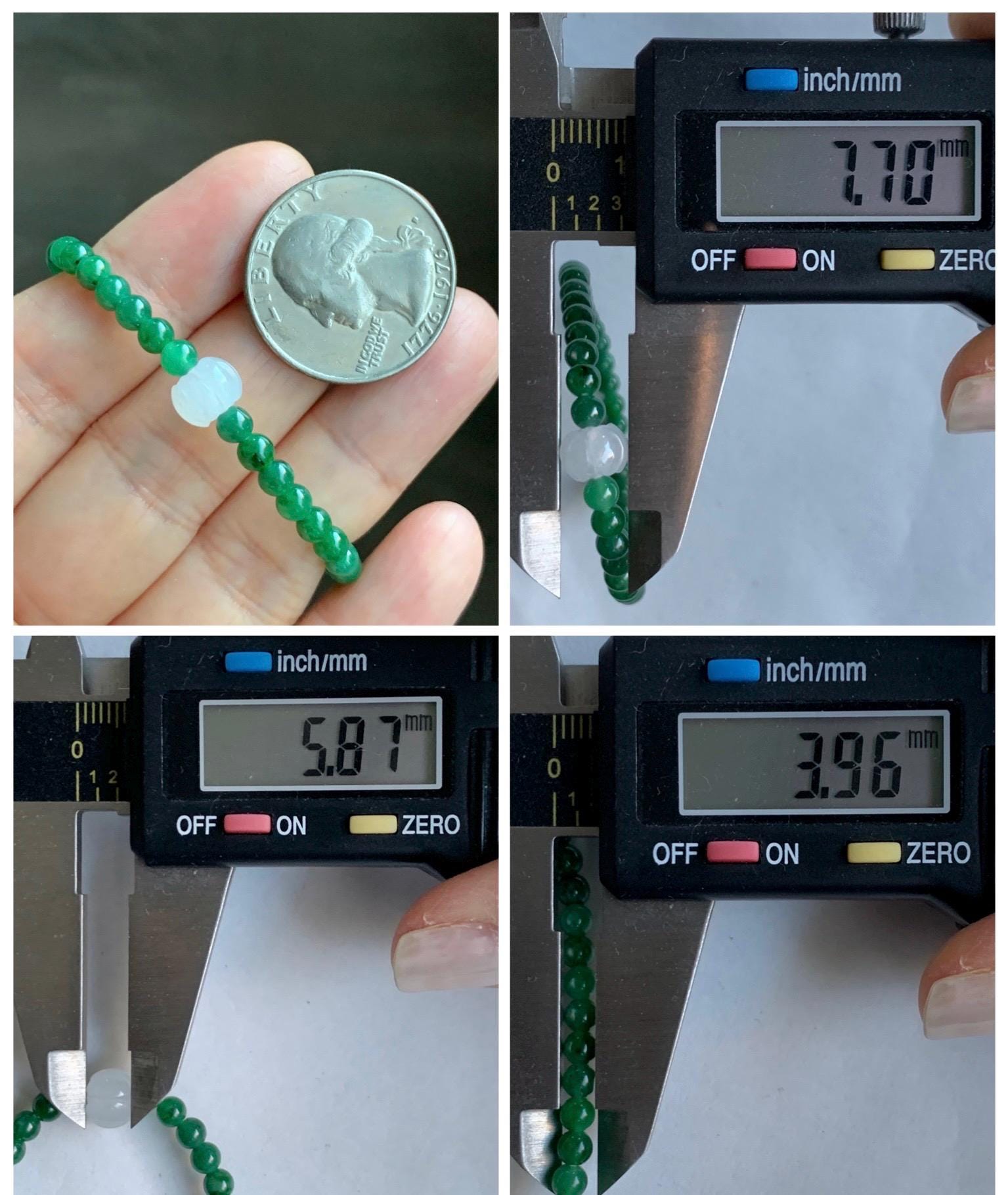 Natural Grade A Icy Translucent Vibrant Green Jade Jadeite Petite Beads Icy White Lotus Bead Beaded Bracelet 6.5” 5g 天然冰阳绿翡翠圆珠白冰莲花珠手串 XML220