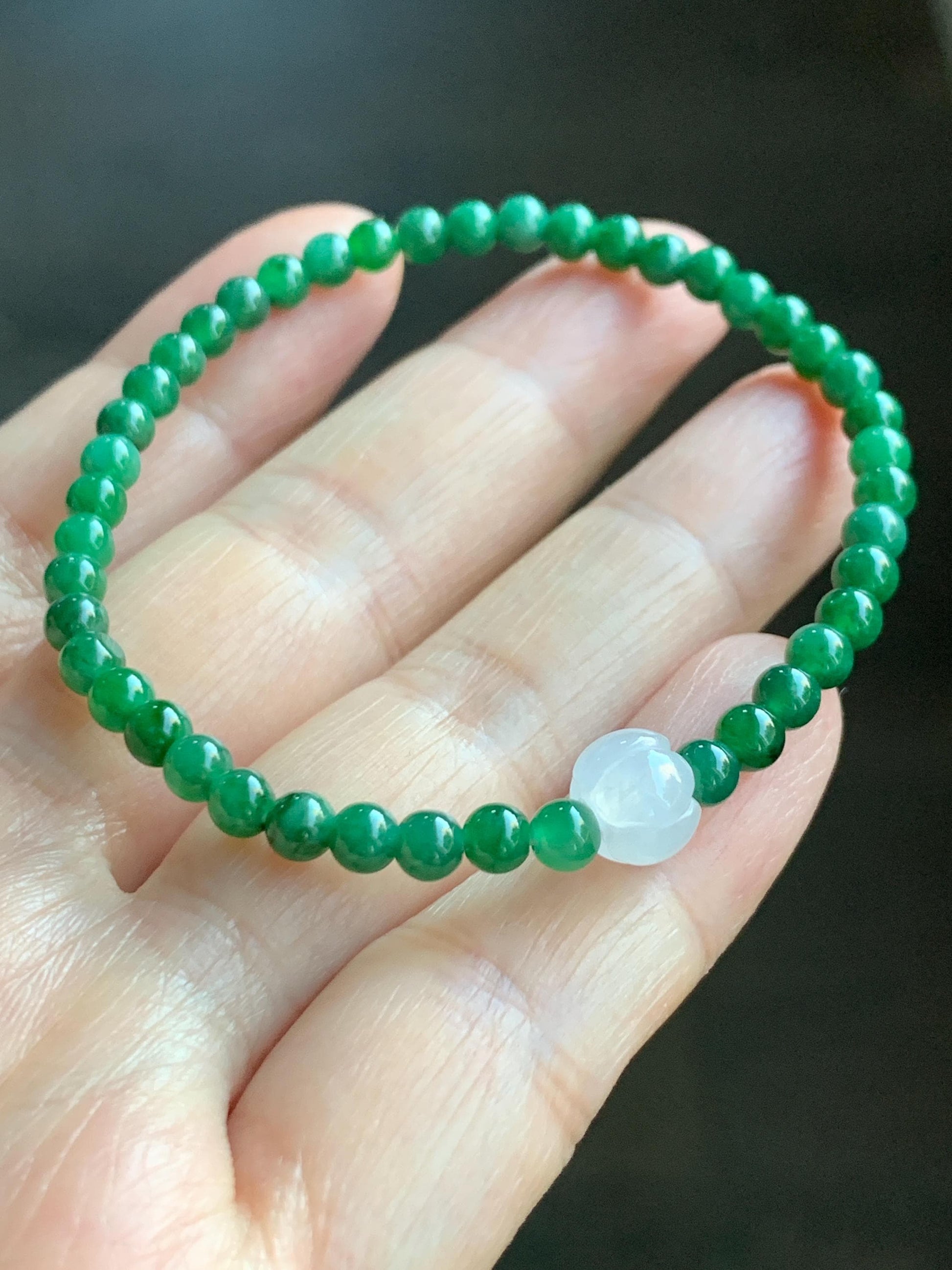 Natural Grade A Icy Translucent Vibrant Green Jade Jadeite Petite Beads Icy White Lotus Bead Beaded Bracelet 6.5” 5g 天然冰阳绿翡翠圆珠白冰莲花珠手串 XML220